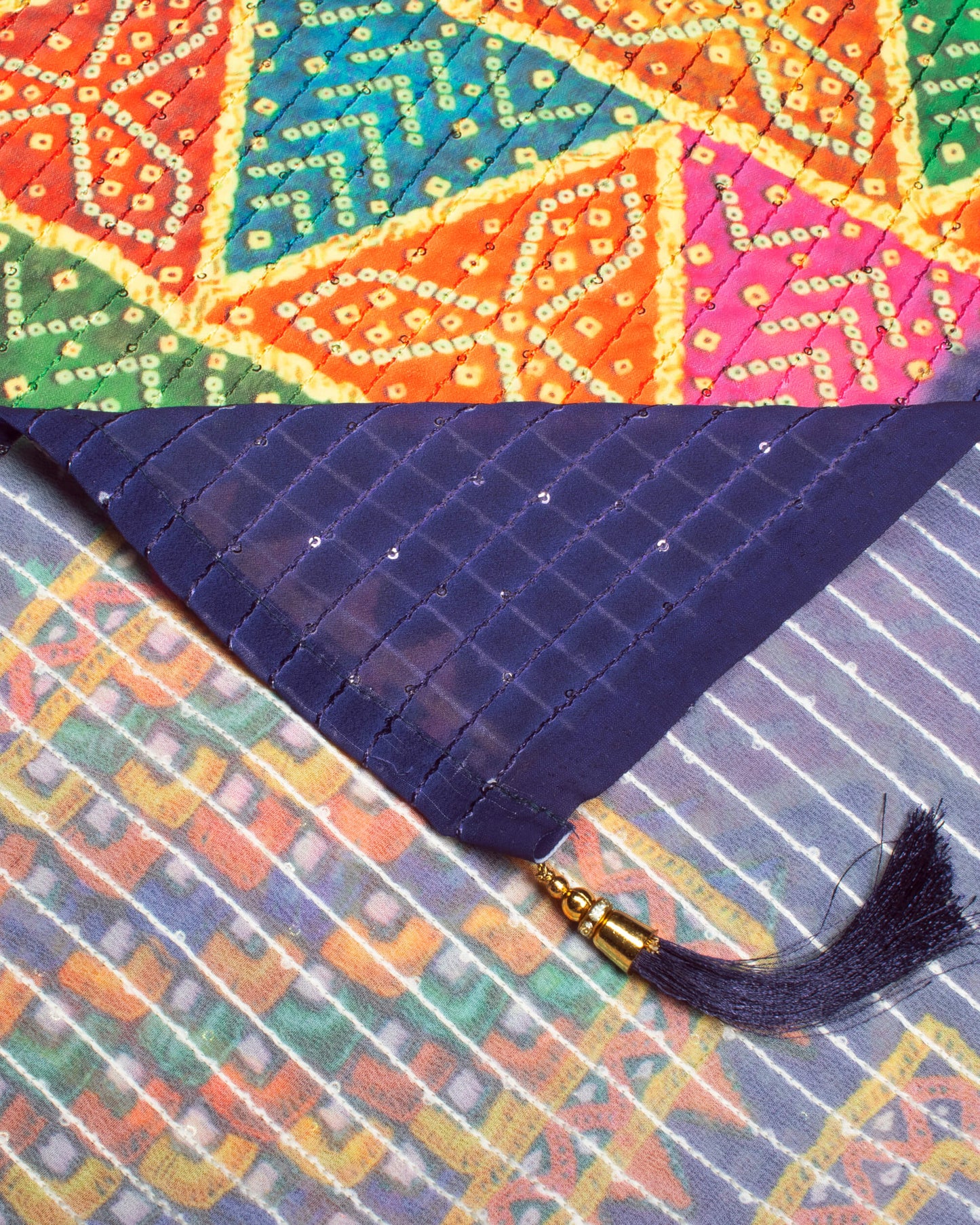 Indigo Blue And Orange Bandhanii Pattern Digital Print Sequins Georgette Dupatta With Tassels