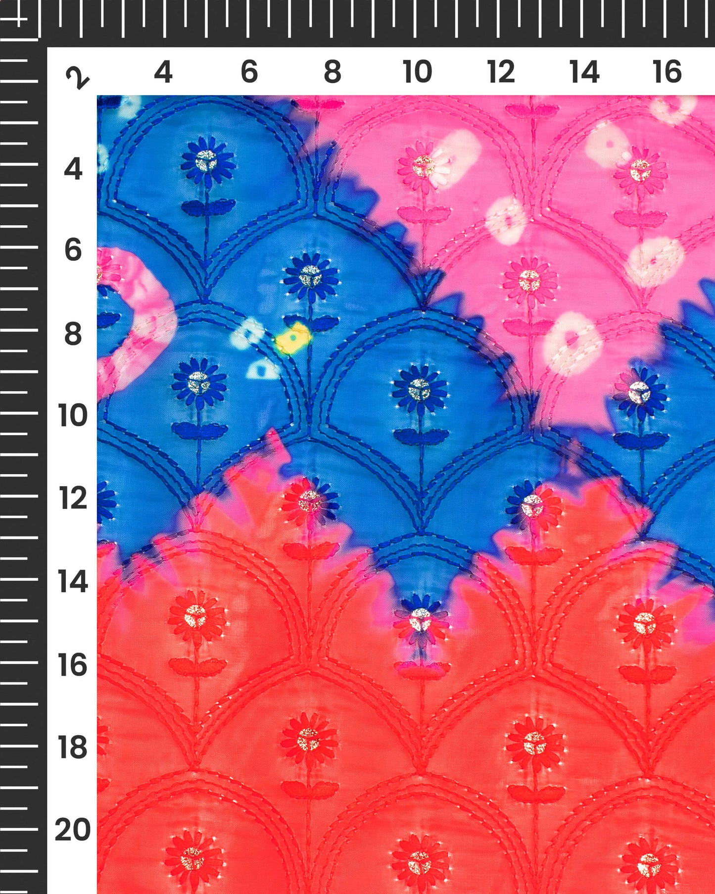 Orange And Blue Chevron Pattern Zari Sequins Embroidery Digital Print Premium Organza Dupatta With Tassles