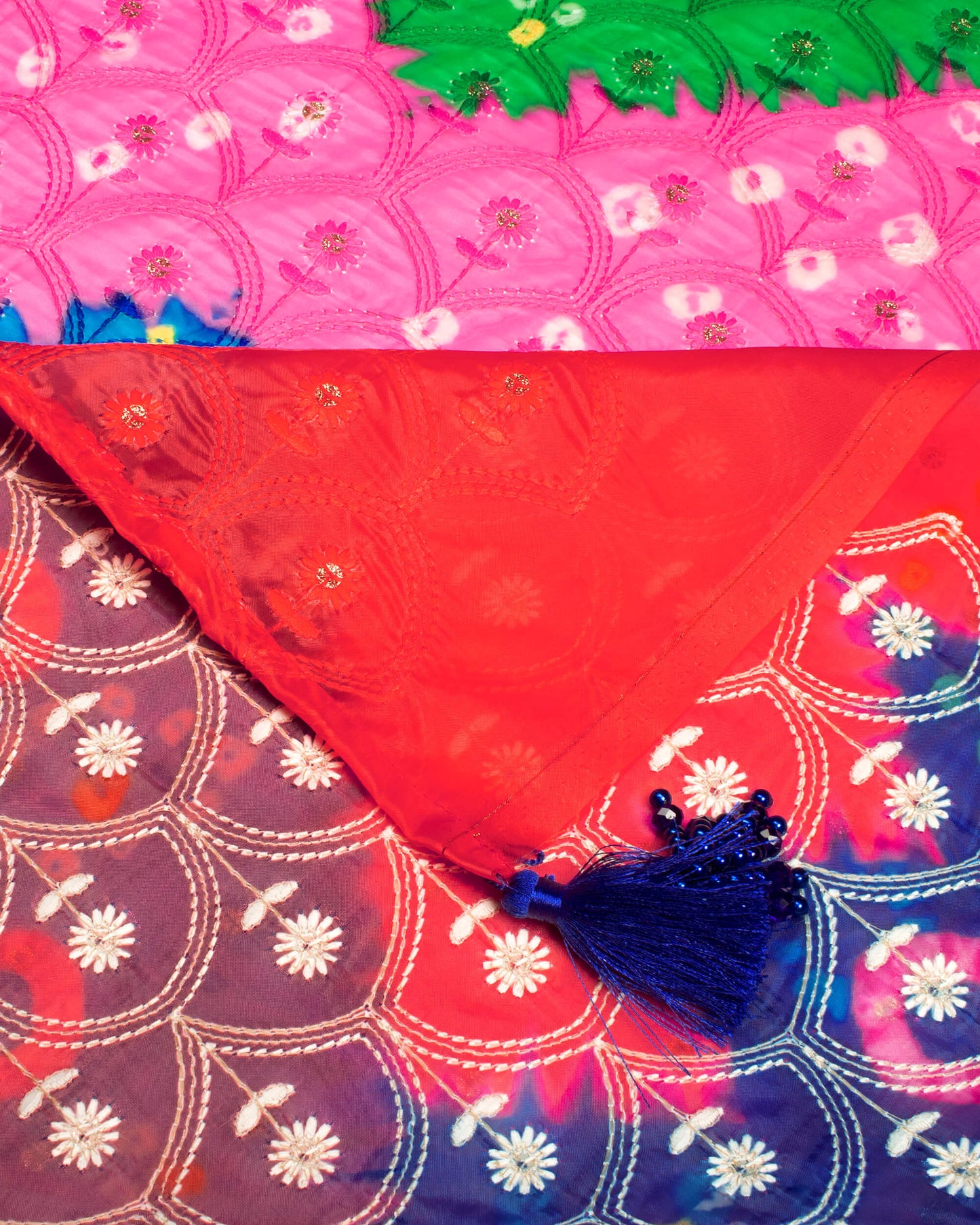 Orange And Blue Chevron Pattern Zari Sequins Embroidery Digital Print Premium Organza Dupatta With Tassles