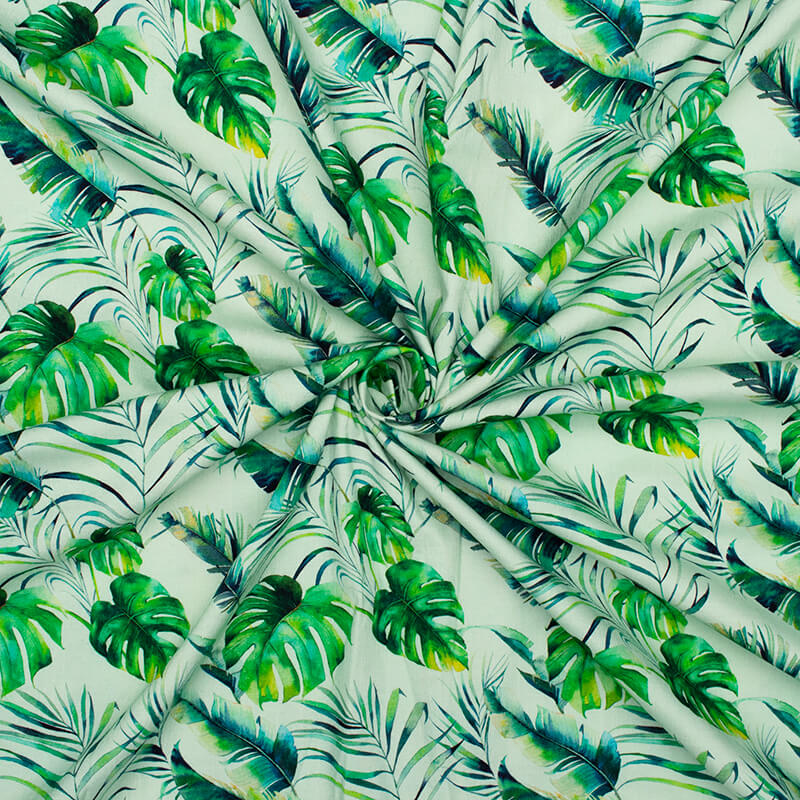 Pastel Mint Green And Green Leaf Pattern Digital Print Rayon Slub Lycra Fabric - Fabcurate