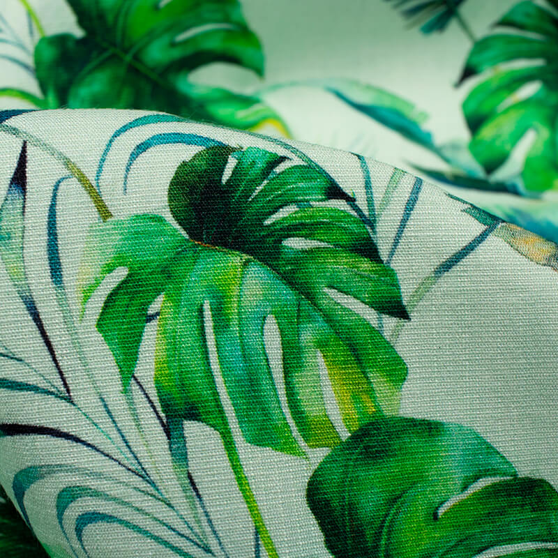 Pastel Mint Green And Green Leaf Pattern Digital Print Rayon Slub Lycra Fabric - Fabcurate