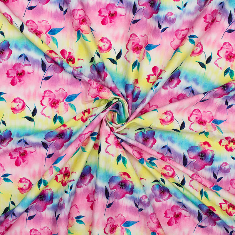 Pink And Yellow Floral Pattern Digital Print Rayon Slub Lycra Fabric - Fabcurate