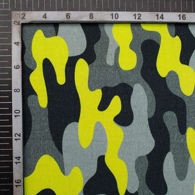 Grey And Liril Green Pattern Digital Print Rayon Slub Lycra Fabric - Fabcurate