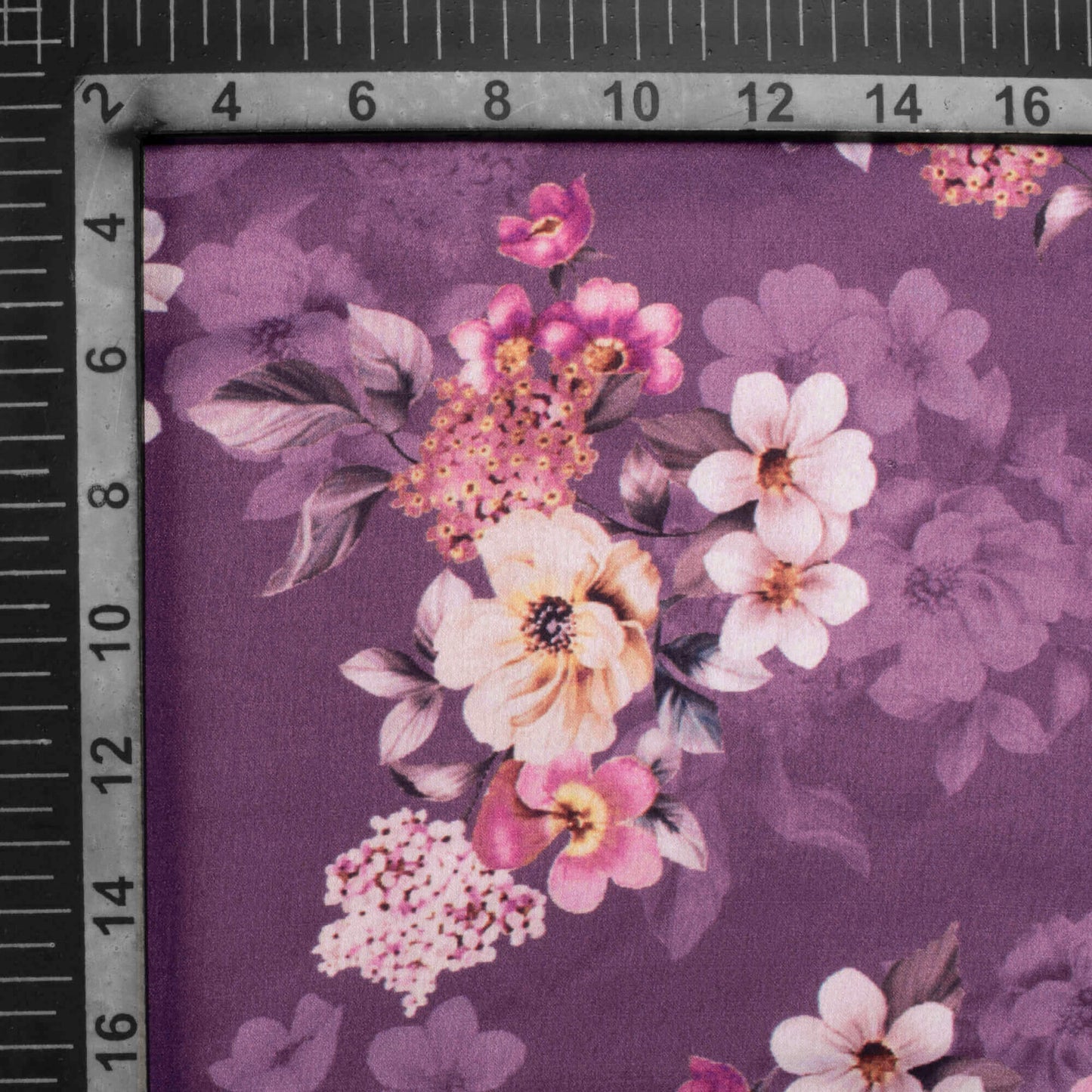 Eggplant Purple And Snow White Floral Pattern Digital Print Japan Satin Fabric