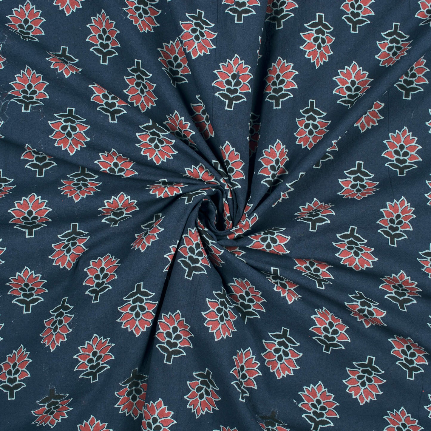 Prussian Blue And Fuchsia Floral Pattern Ajrakh Screen Print Natural Dye Cotton Fabric - Fabcurate