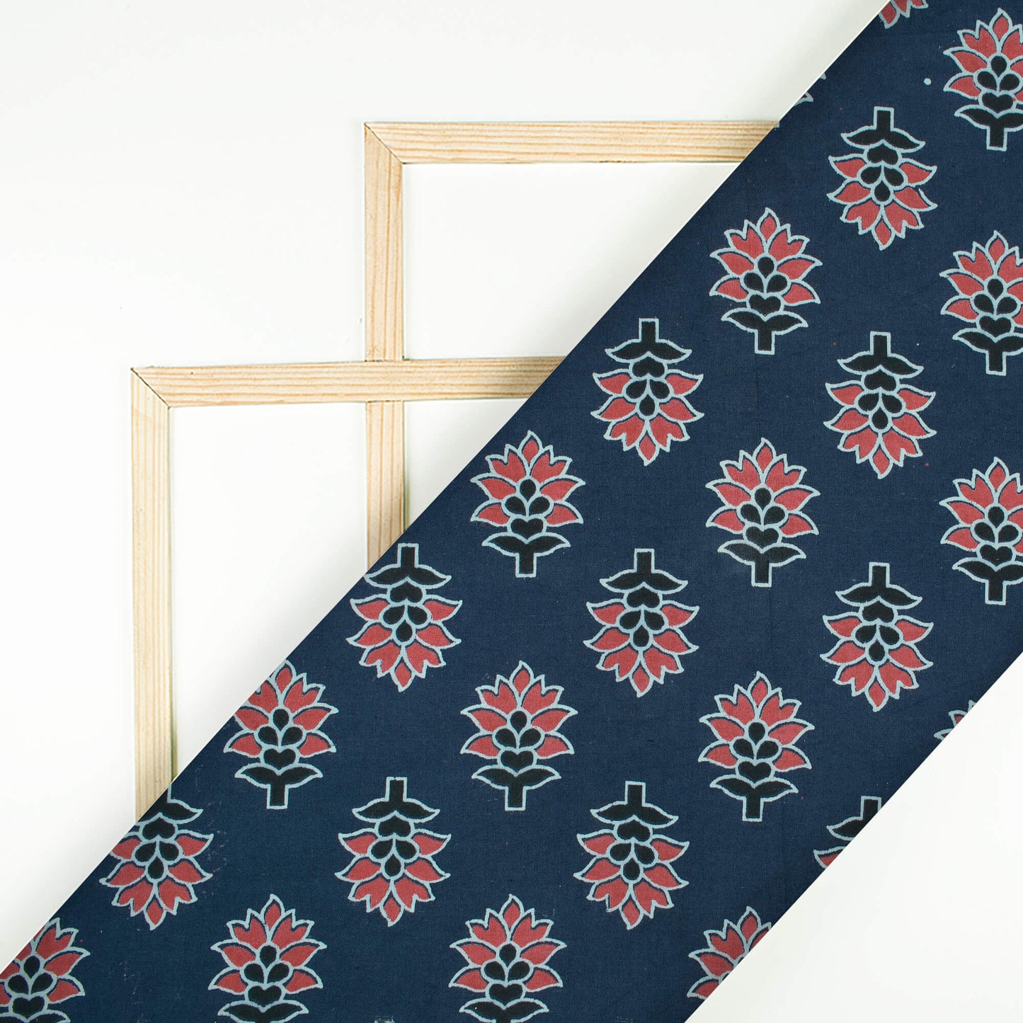 Prussian Blue And Fuchsia Floral Pattern Ajrakh Screen Print Natural Dye Cotton Fabric - Fabcurate