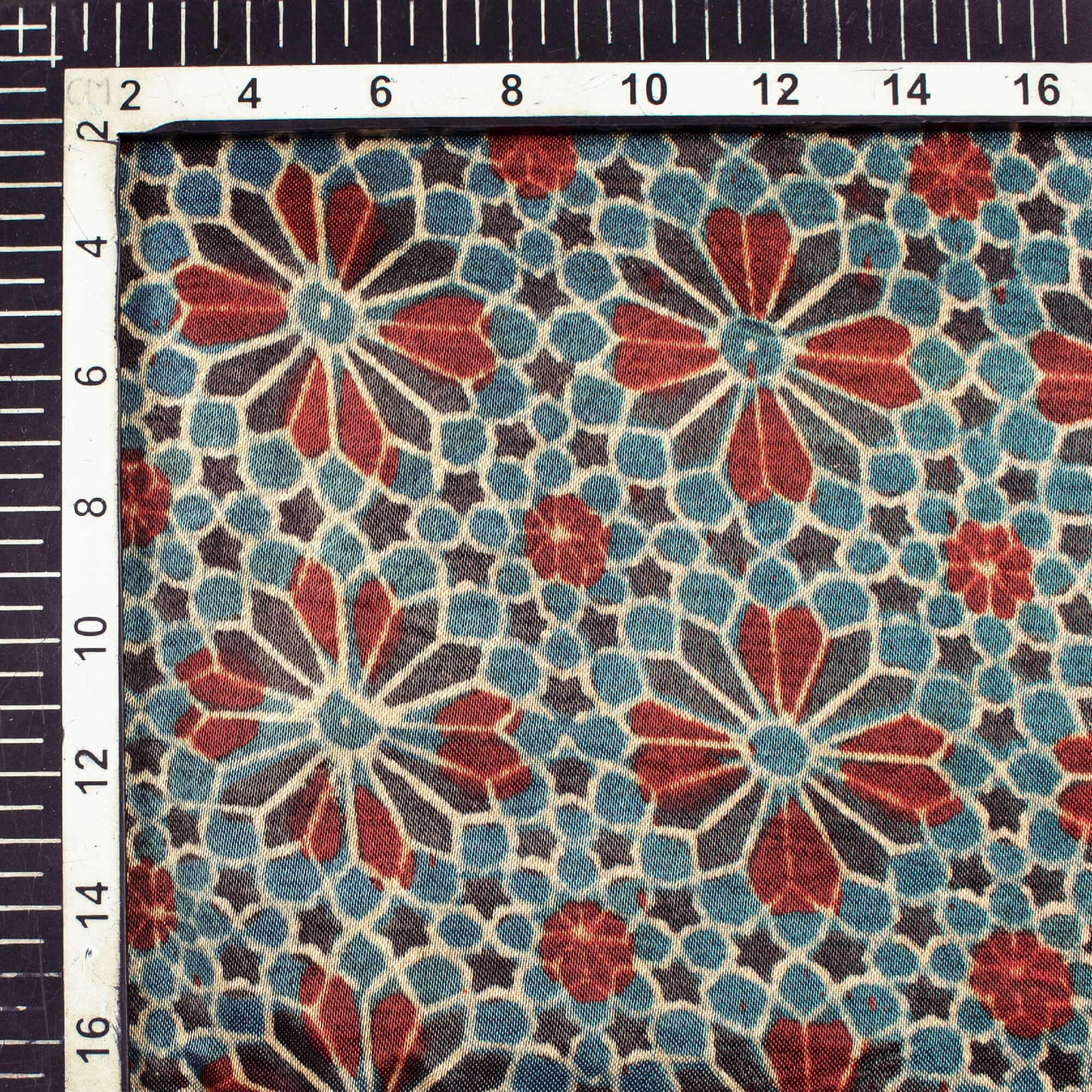 Aegean Blue And Red Floral Pattern Ajrakh Handblock Natural Dye Mashru Silk Fabric - Fabcurate