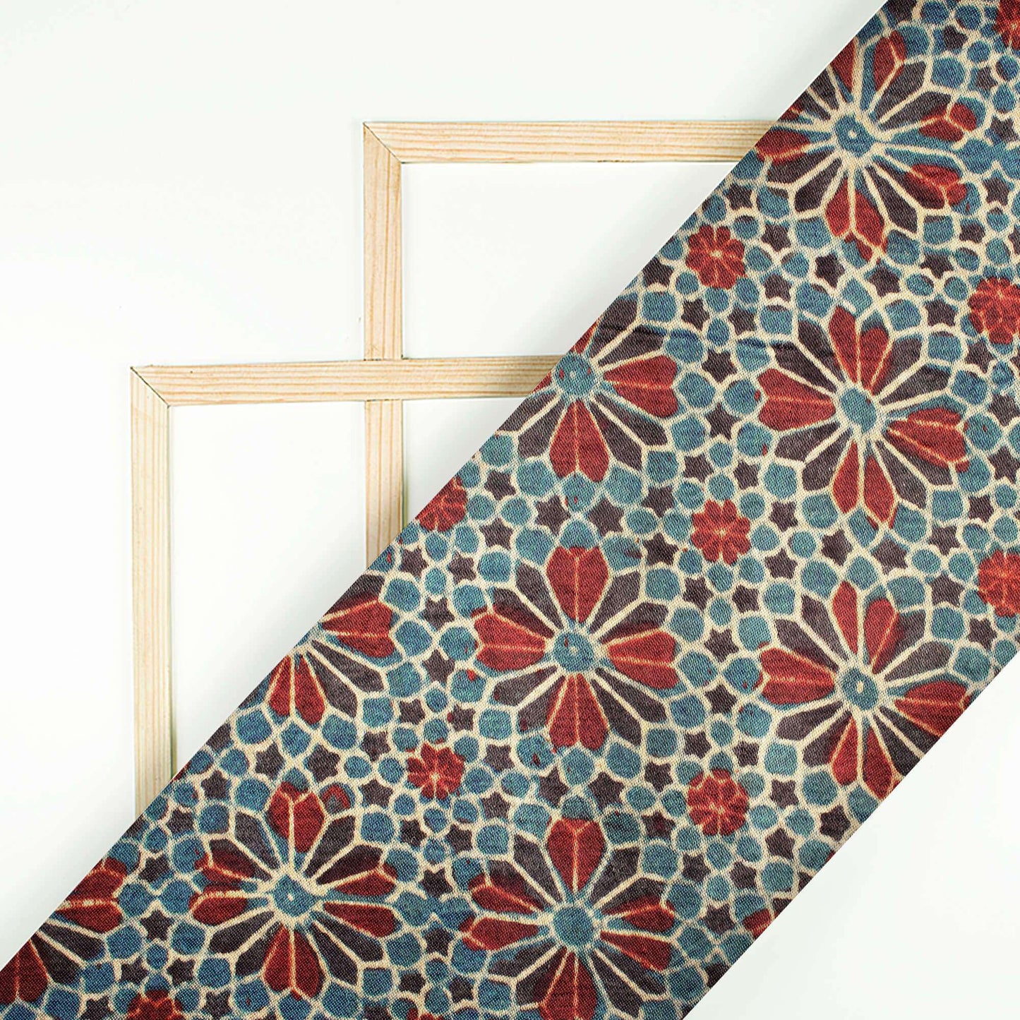 Aegean Blue And Red Floral Pattern Ajrakh Handblock Natural Dye Mashru Silk Fabric - Fabcurate