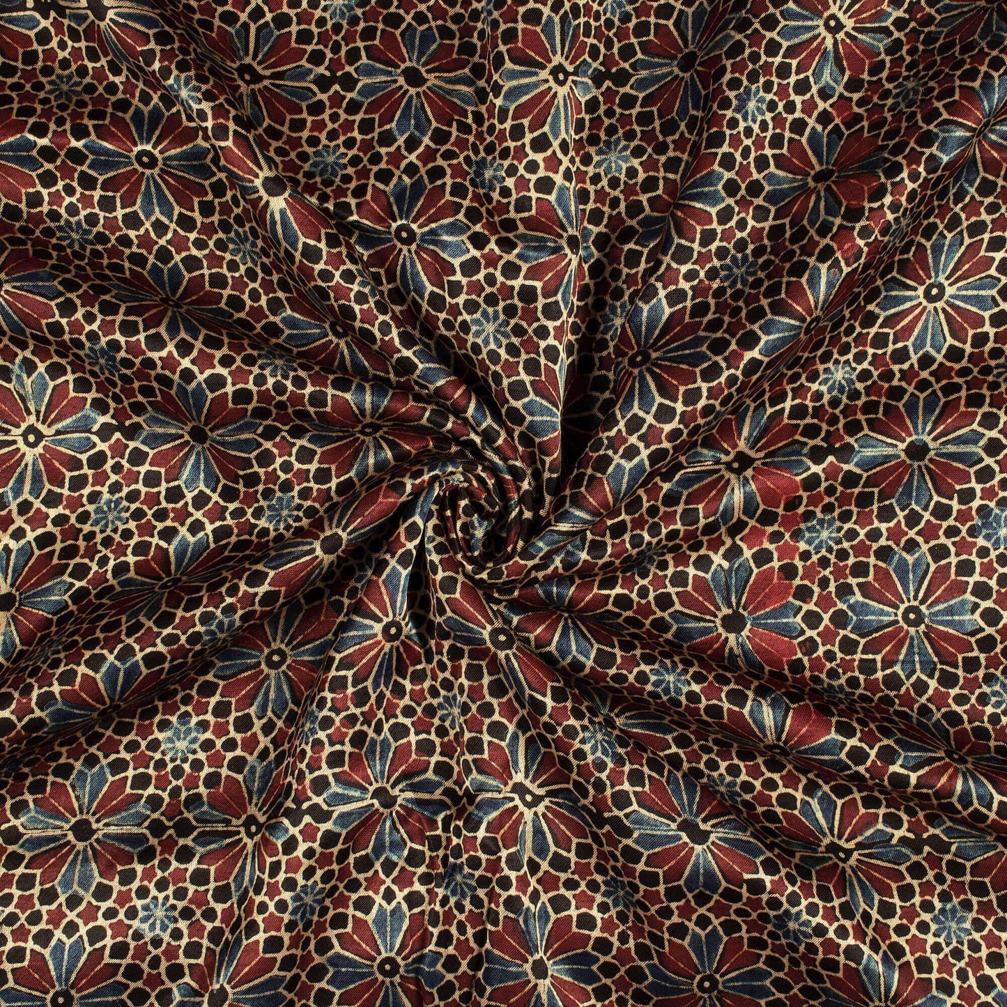 Black And Maroon Floral Pattern Ajrakh Handblock Natural Dye Mashru Silk Fabric - Fabcurate