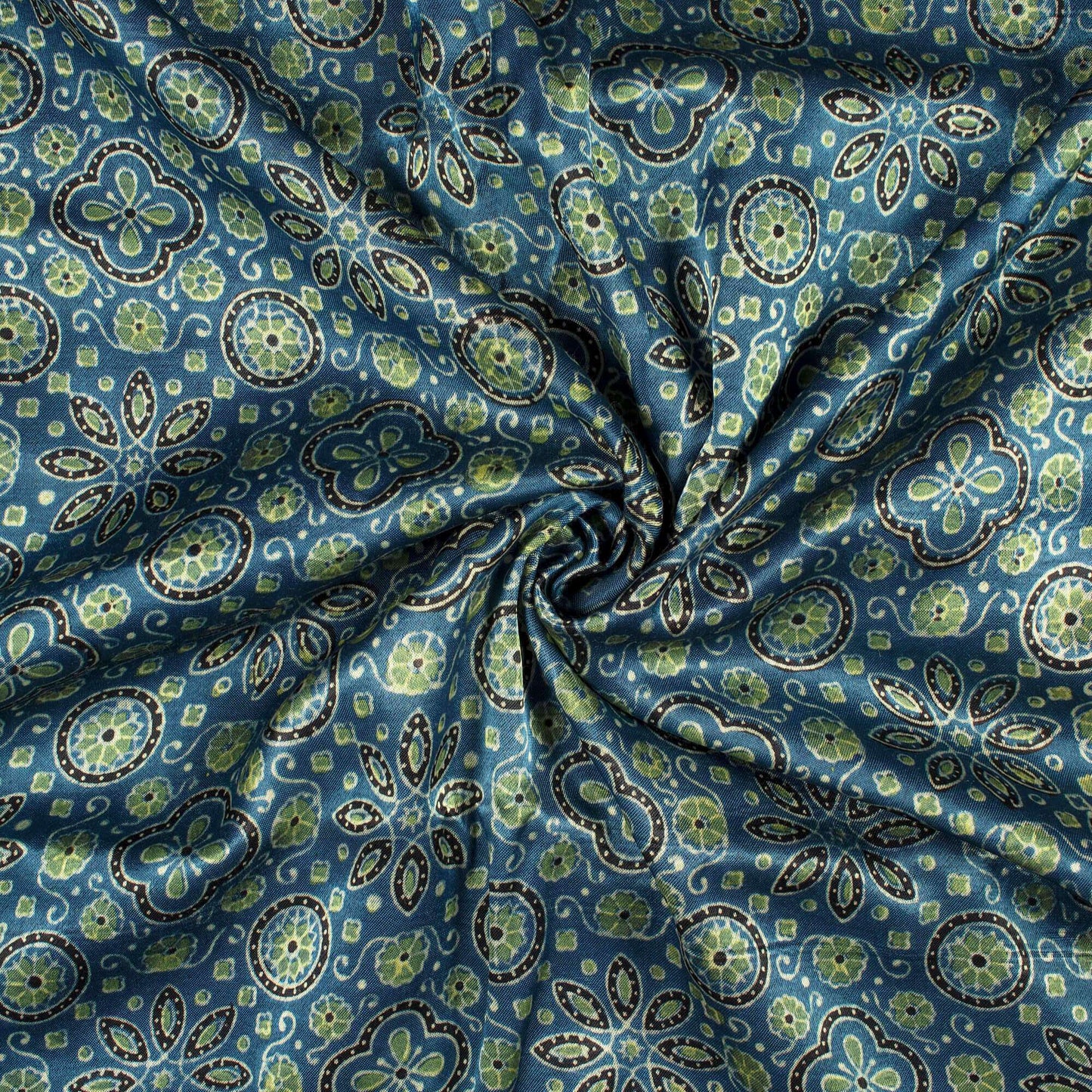 Aegean Blue And Olive Green Floral Pattern Ajrakh Handblock Natural Dye Mashru Silk Fabric - Fabcurate