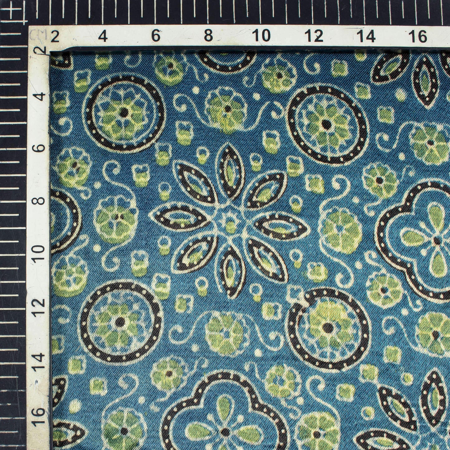 Aegean Blue And Olive Green Floral Pattern Ajrakh Handblock Natural Dye Mashru Silk Fabric - Fabcurate