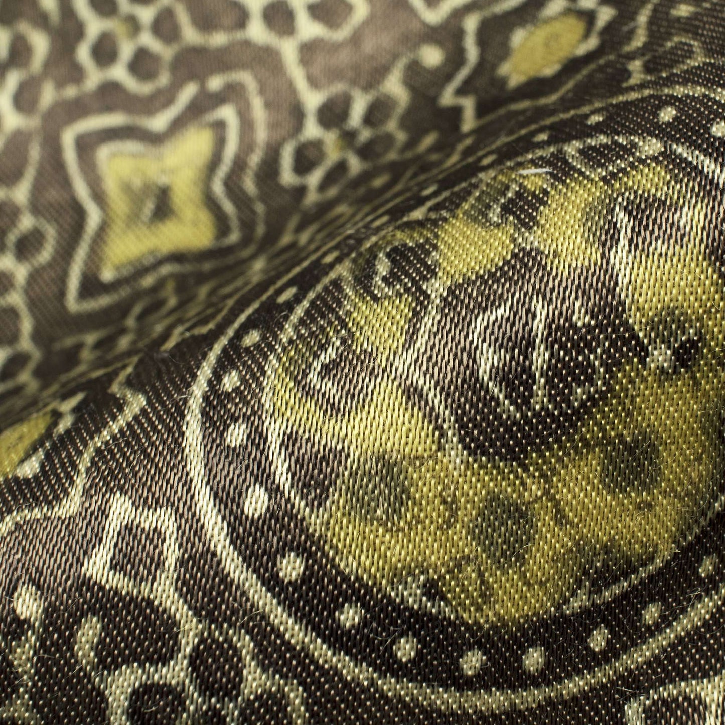 Grey And Flaxen Yellow Traditional Pattern Ajrakh Handblock Natural Dye Mashru Silk Fabric - Fabcurate
