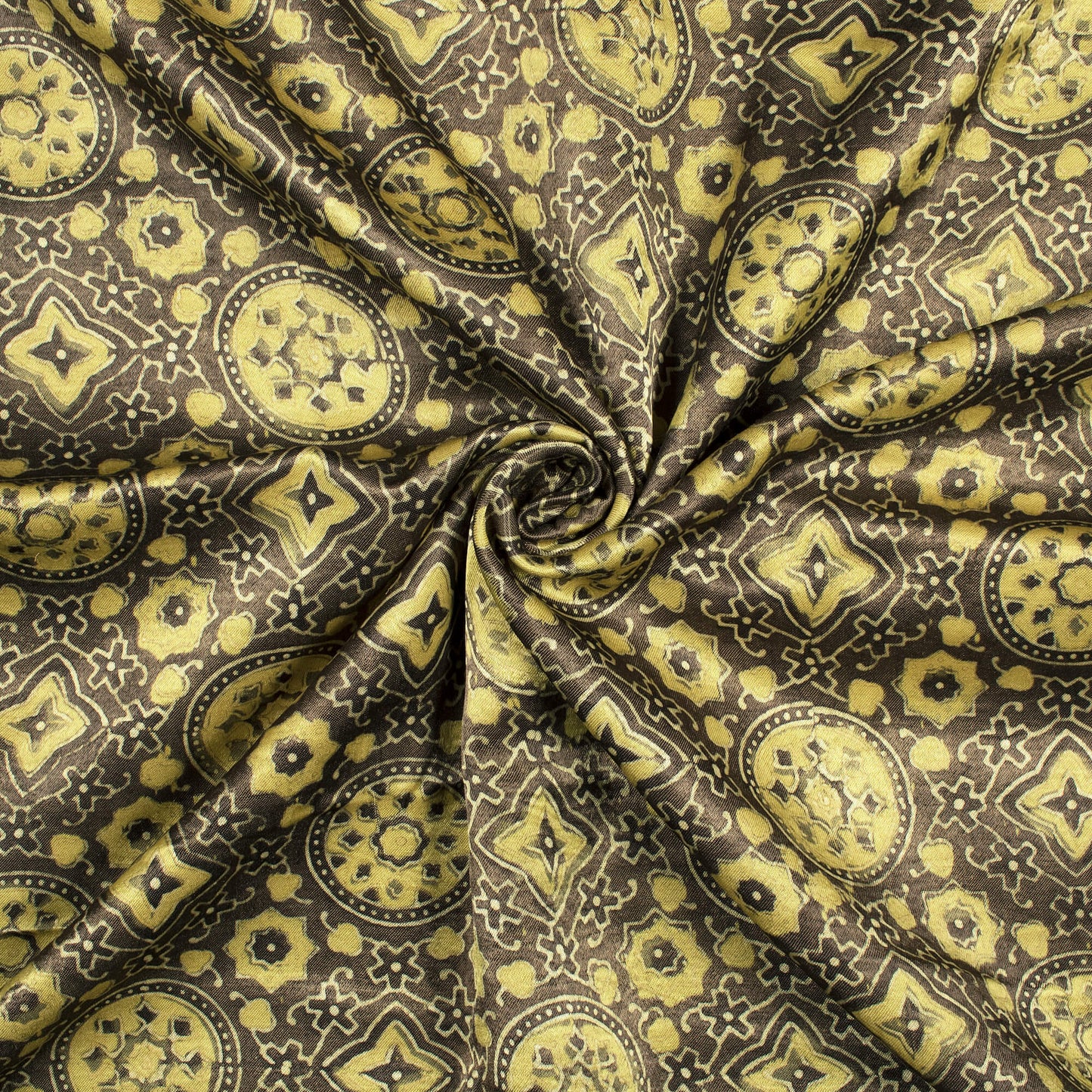Grey And Flaxen Yellow Traditional Pattern Ajrakh Handblock Natural Dye Mashru Silk Fabric
