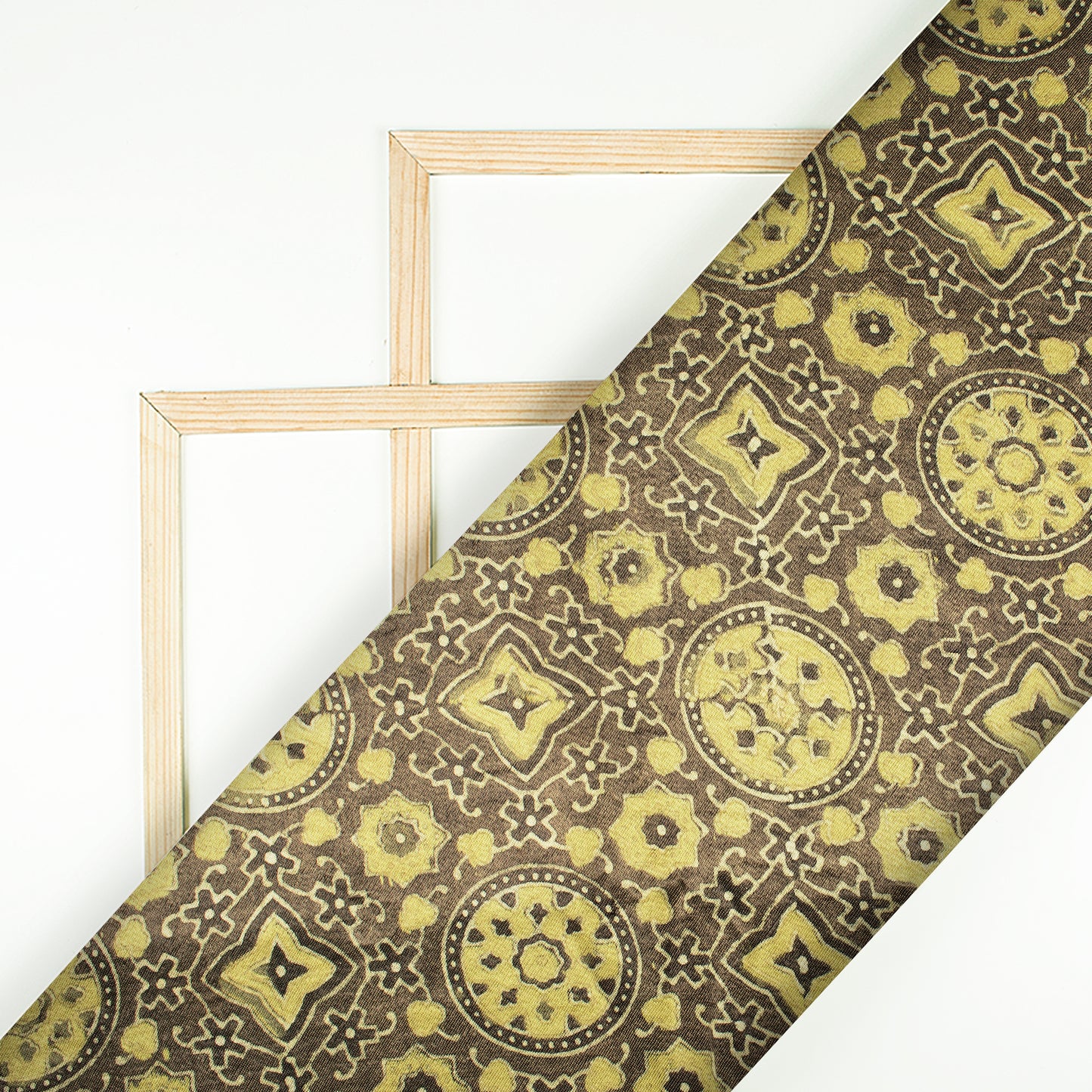 Grey And Flaxen Yellow Traditional Pattern Ajrakh Handblock Natural Dye Mashru Silk Fabric - Fabcurate