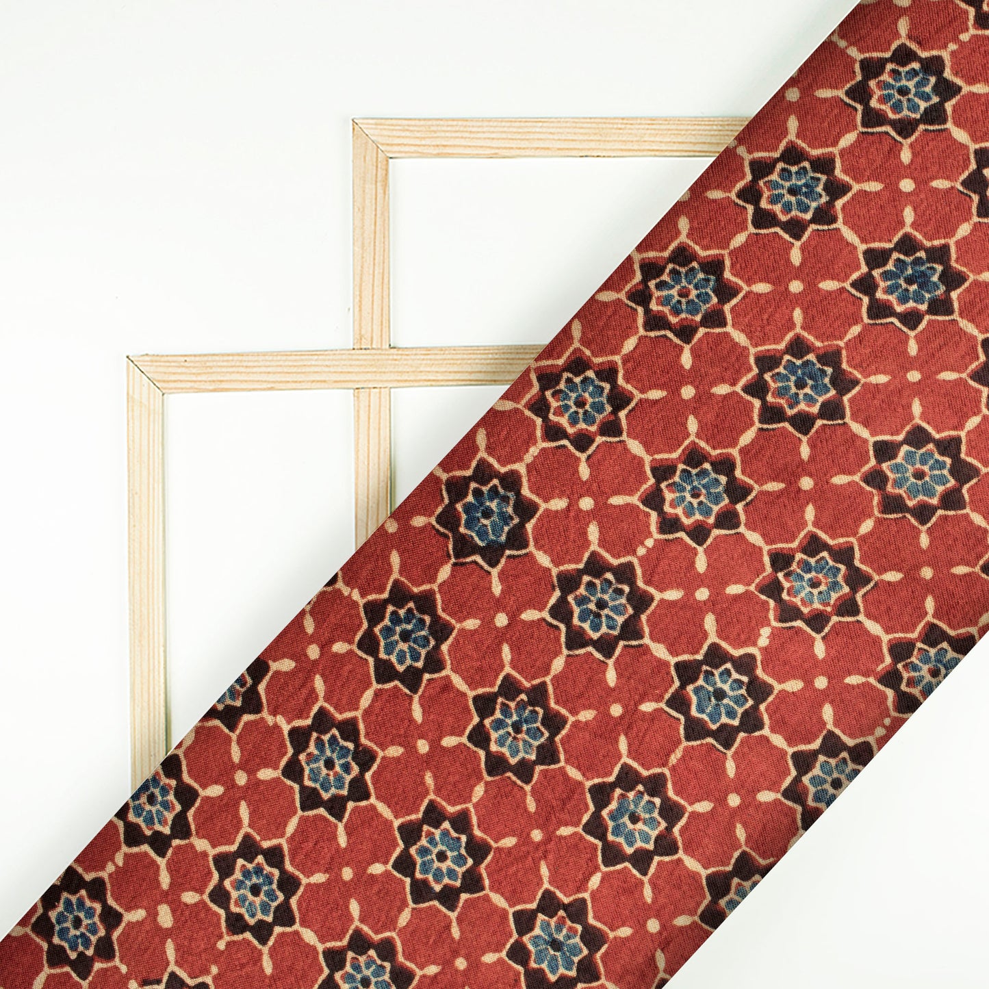 Red And Aegean Blue Floral Pattern Ajrakh Handblock Natural Dye Mashru Silk Fabric - Fabcurate