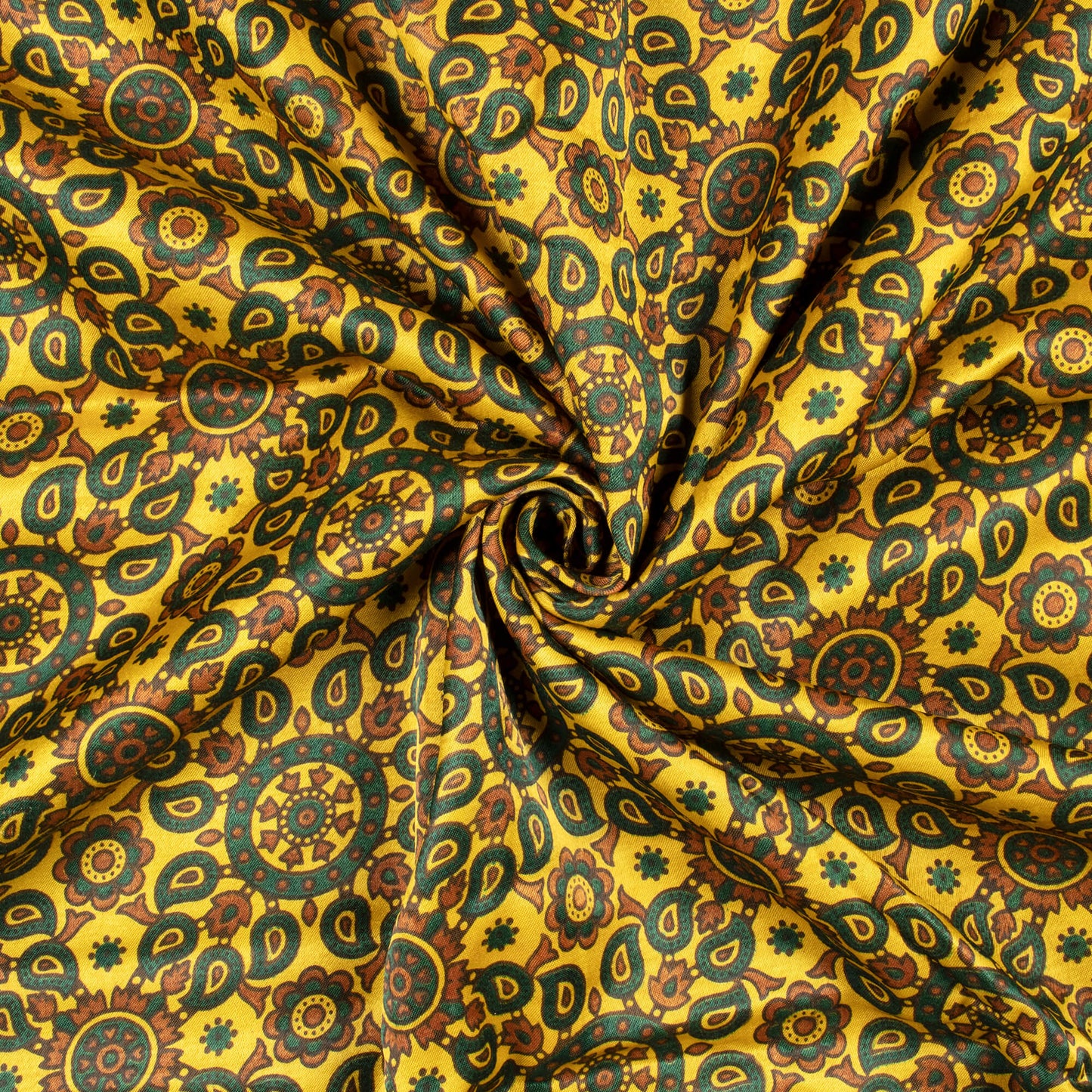 Tuscany Yellow And Sacramento Green Paisley Pattern Ajrakh Screen Print Natural Dye Mashru Silk Fabric