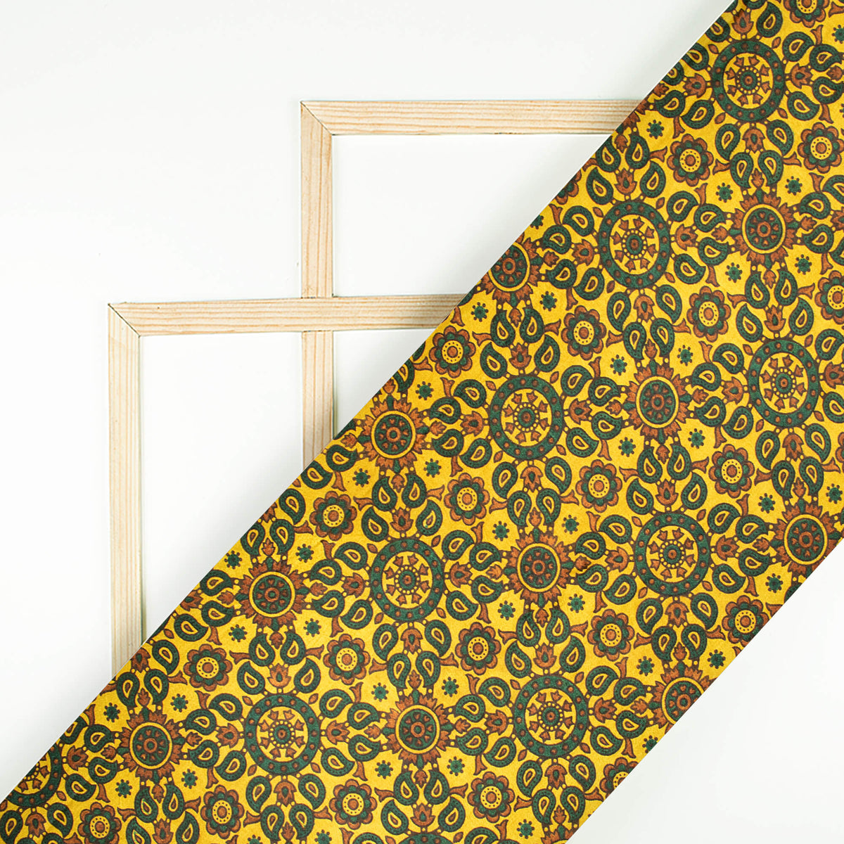 Tuscany Yellow And Sacramento Green Paisley Pattern Ajrakh Screen Print Natural Dye Mashru Silk Fabric