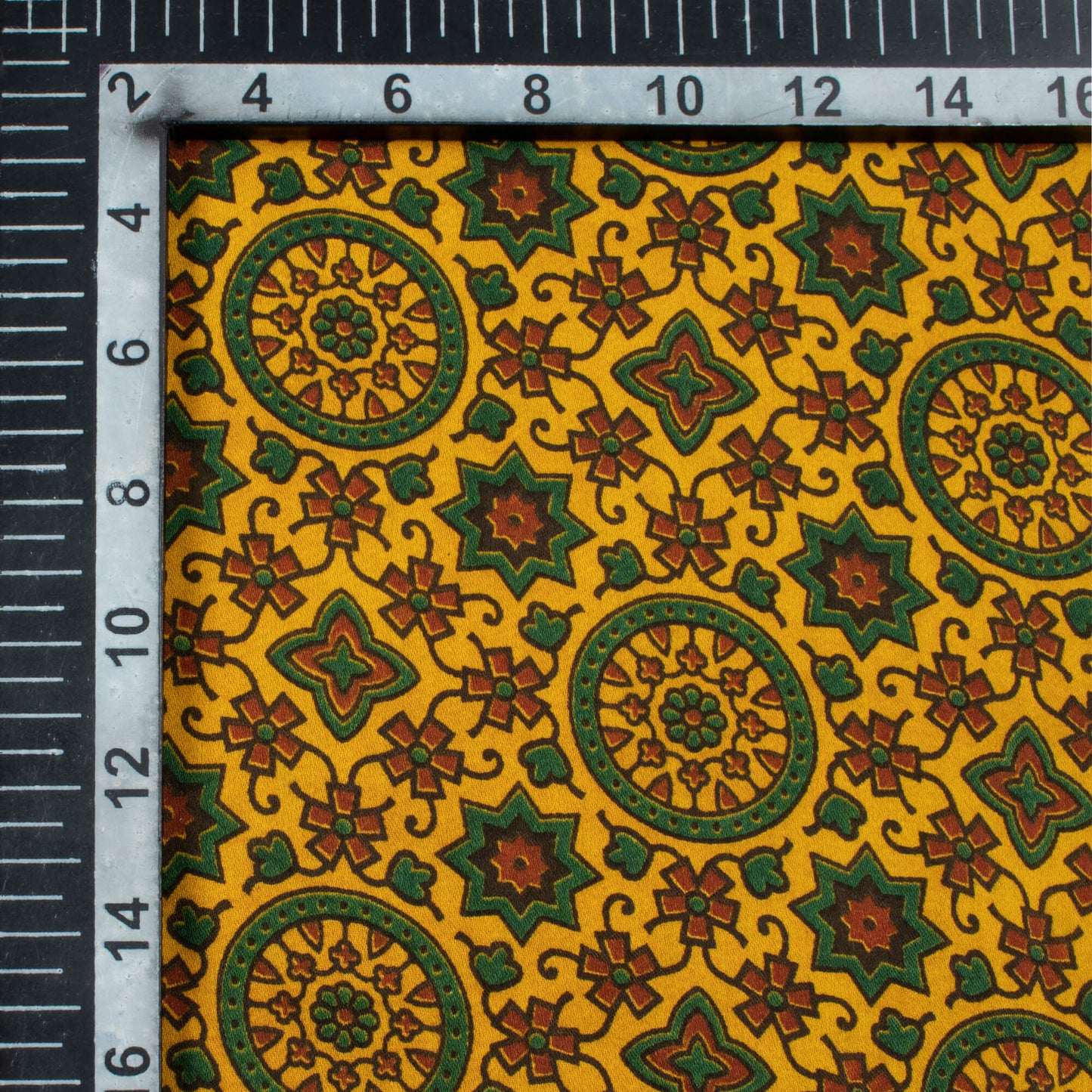 Goldenrod Yellow And Green Traditional Pattern Ajrakh Screen Print Viscose Modal Satin Fabric
