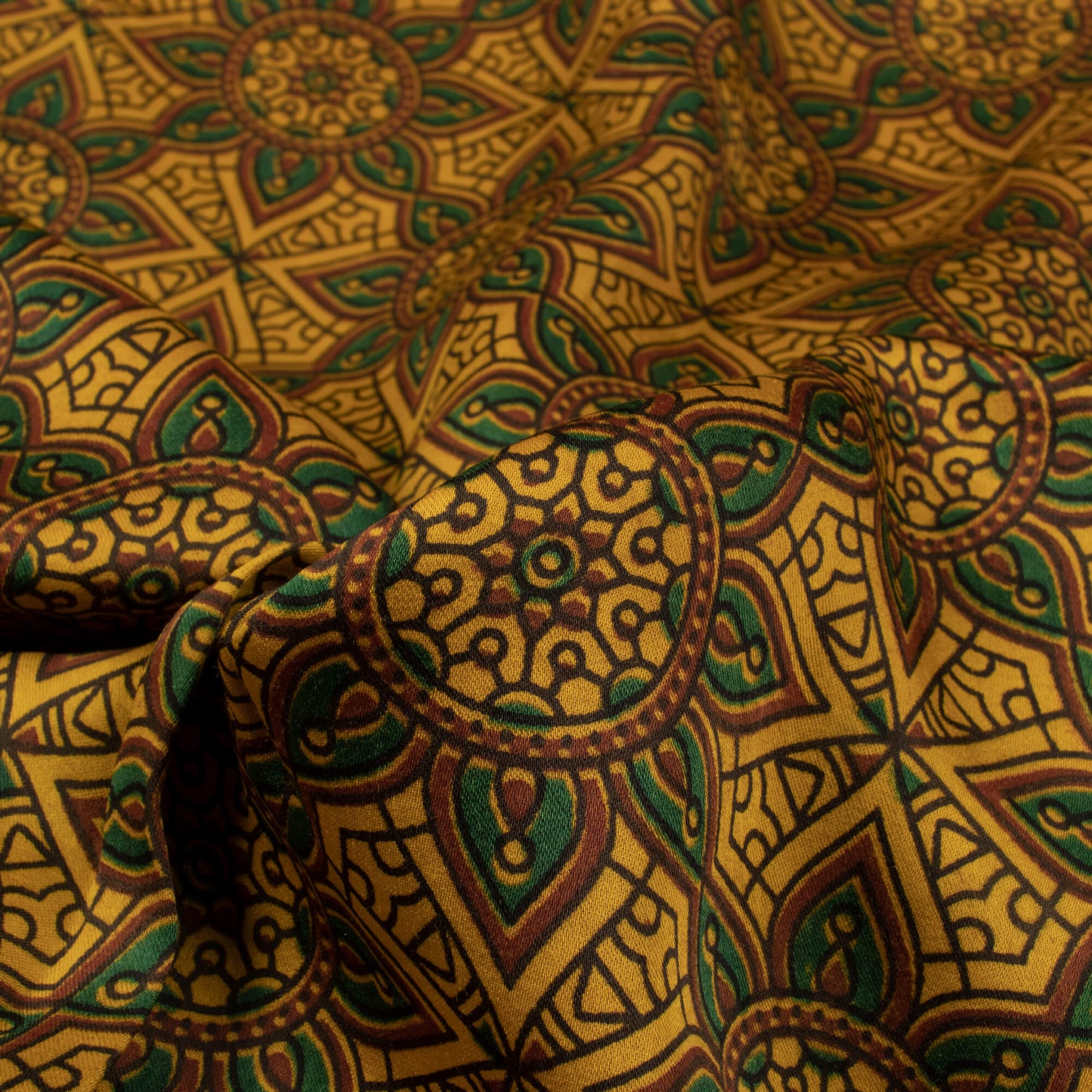 Amber Yellow And Green Traditional Pattern Ajrakh Screen Print Viscose Modal Satin Fabric