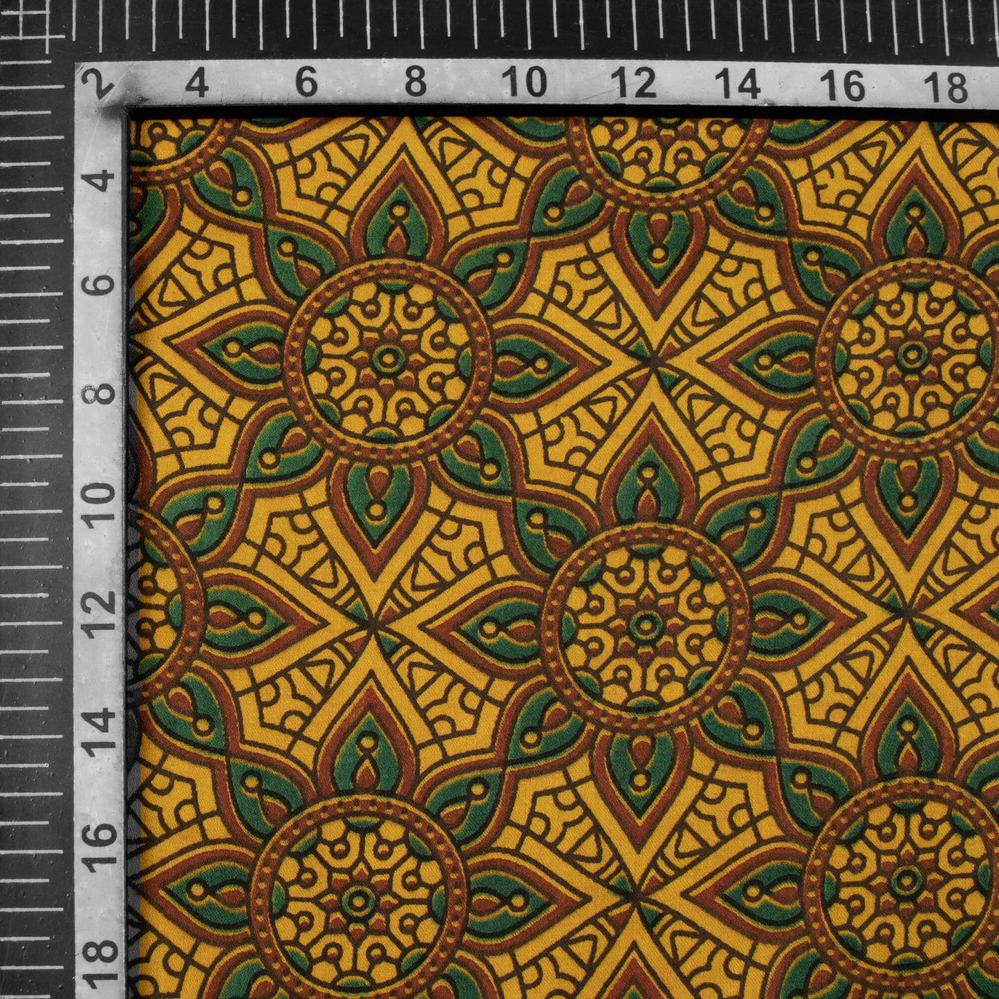Amber Yellow And Green Traditional Pattern Ajrakh Screen Print Viscose Modal Satin Fabric
