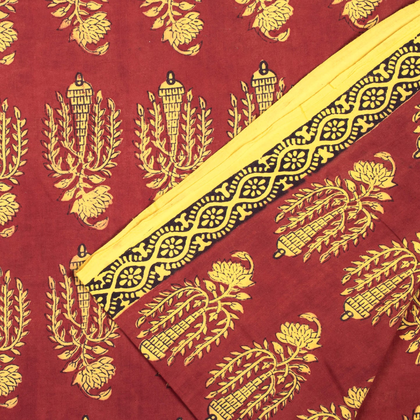 Red And Yellow Floral Pattern Bagh Print Handblock Natural Dye Cotton Fabric