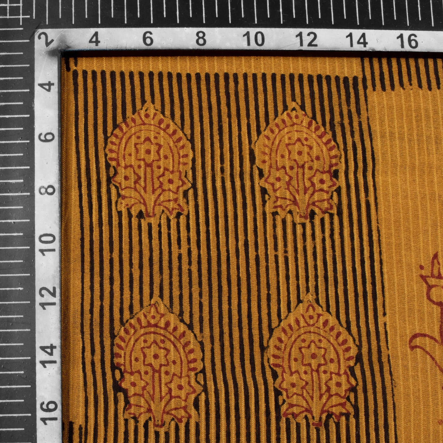 Dijon Yellow And Currant Red Traditional Pattern HandBlock Natural Dye Zari Bordered Bagh Print Pure Maheshwari Silk Fabric