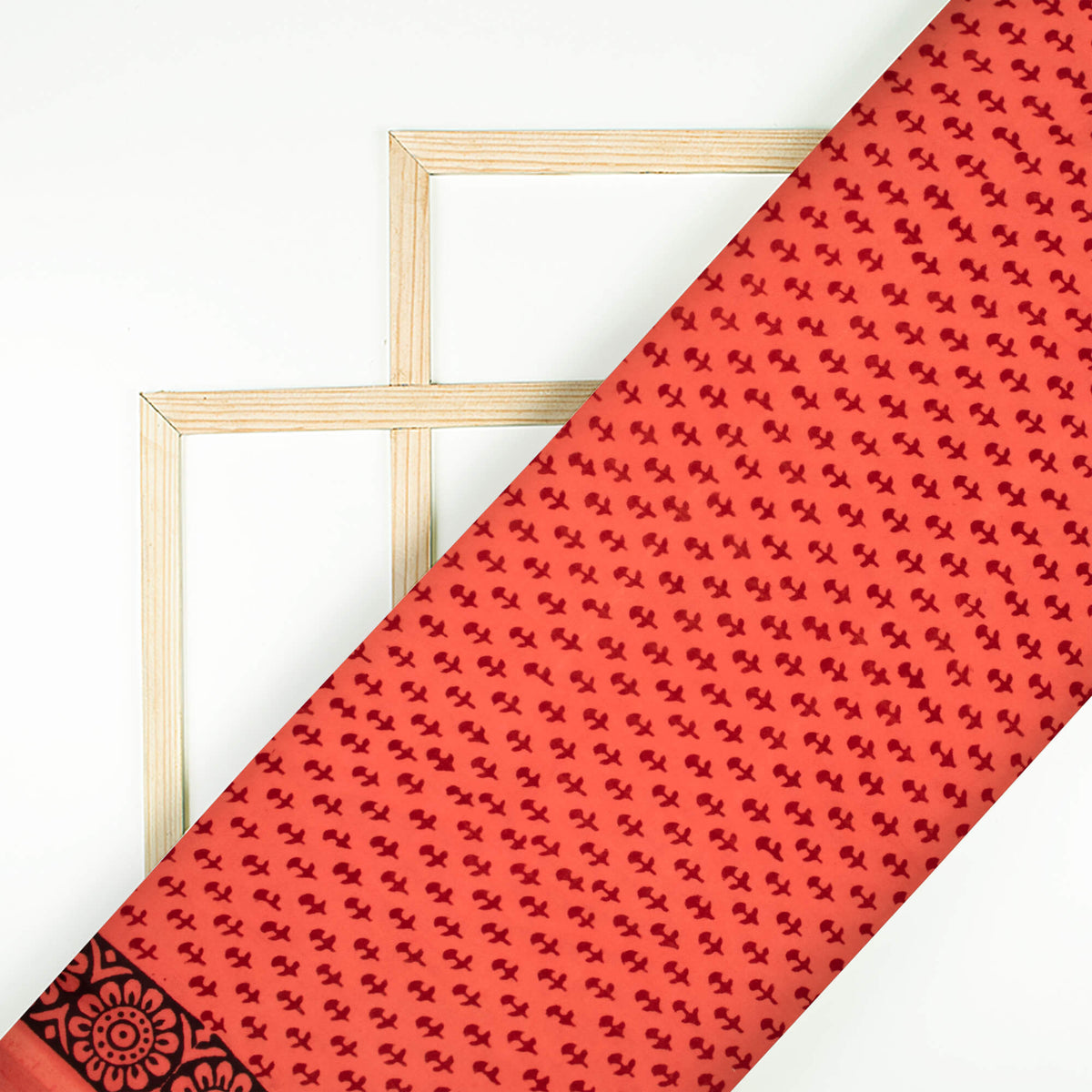 Dark Coral Orange And Maroon Botti Pattern Bagh Print Handblock Natural Dye Rayon Fabric
