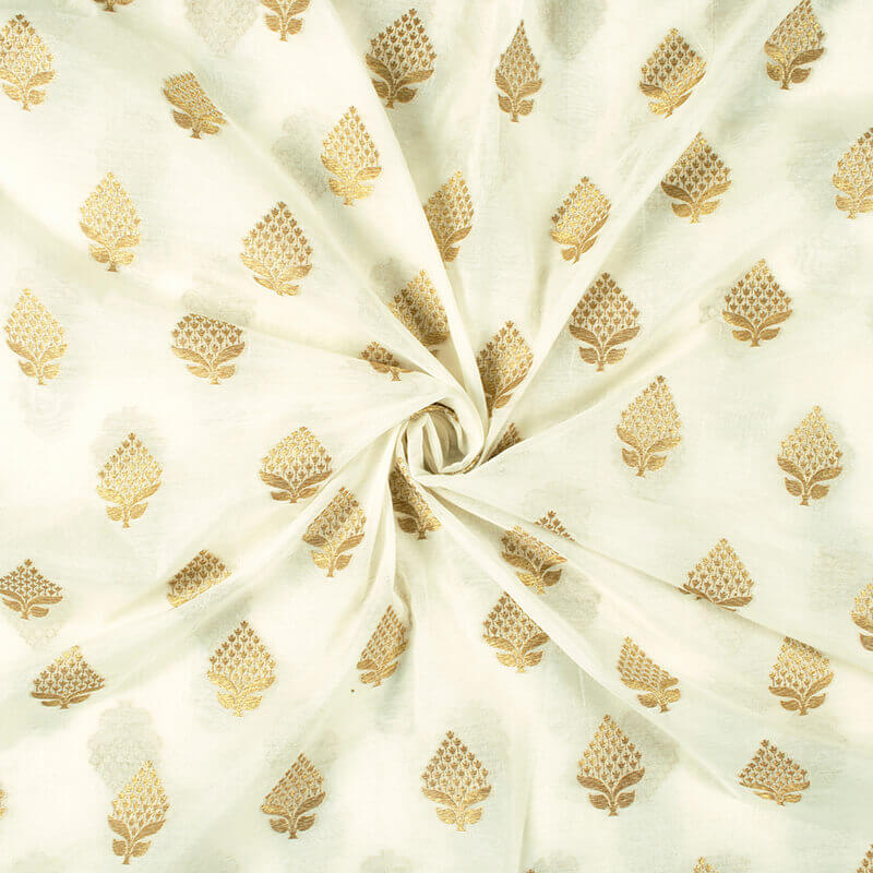 Off White Ethnic Pattern Zari Jacquard Banarasi Dyable Chanderi Fabric - Fabcurate