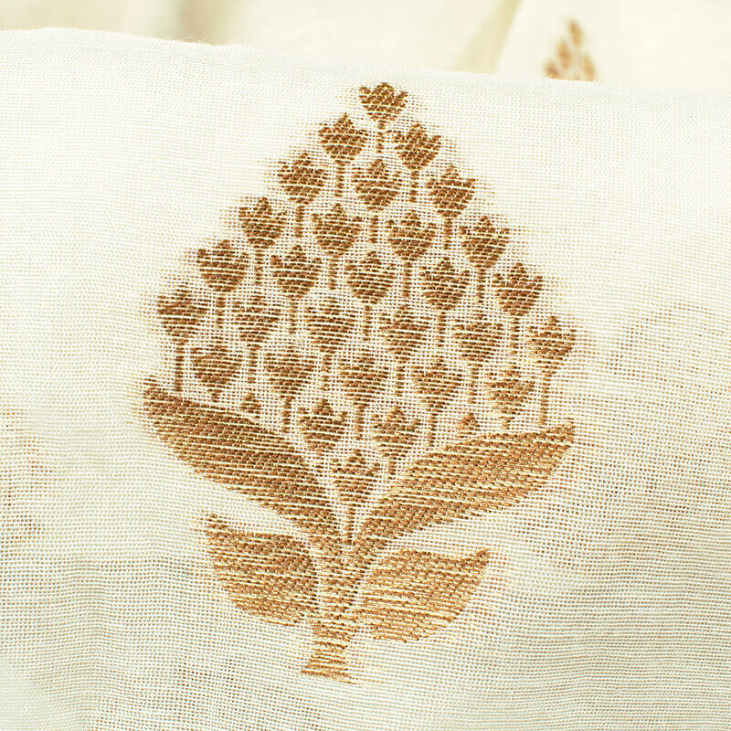 Off White Ethnic Pattern Zari Jacquard Banarasi Dyable Chanderi Fabric - Fabcurate