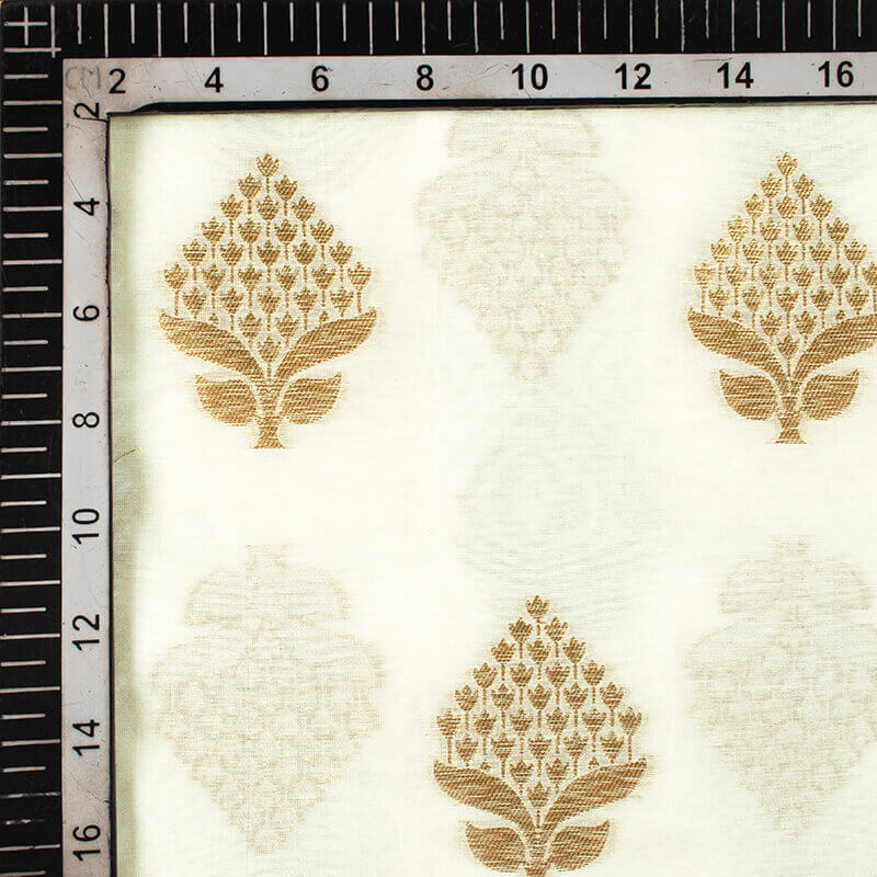 Off White Ethnic Pattern Zari Jacquard Banarasi Dyable Chanderi Fabric - Fabcurate