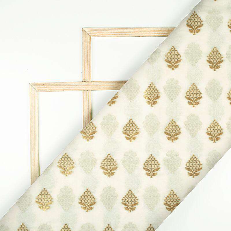 Off White Ethnic Pattern Zari Jacquard Banarasi Dyable Chanderi Fabric - Fabcurate