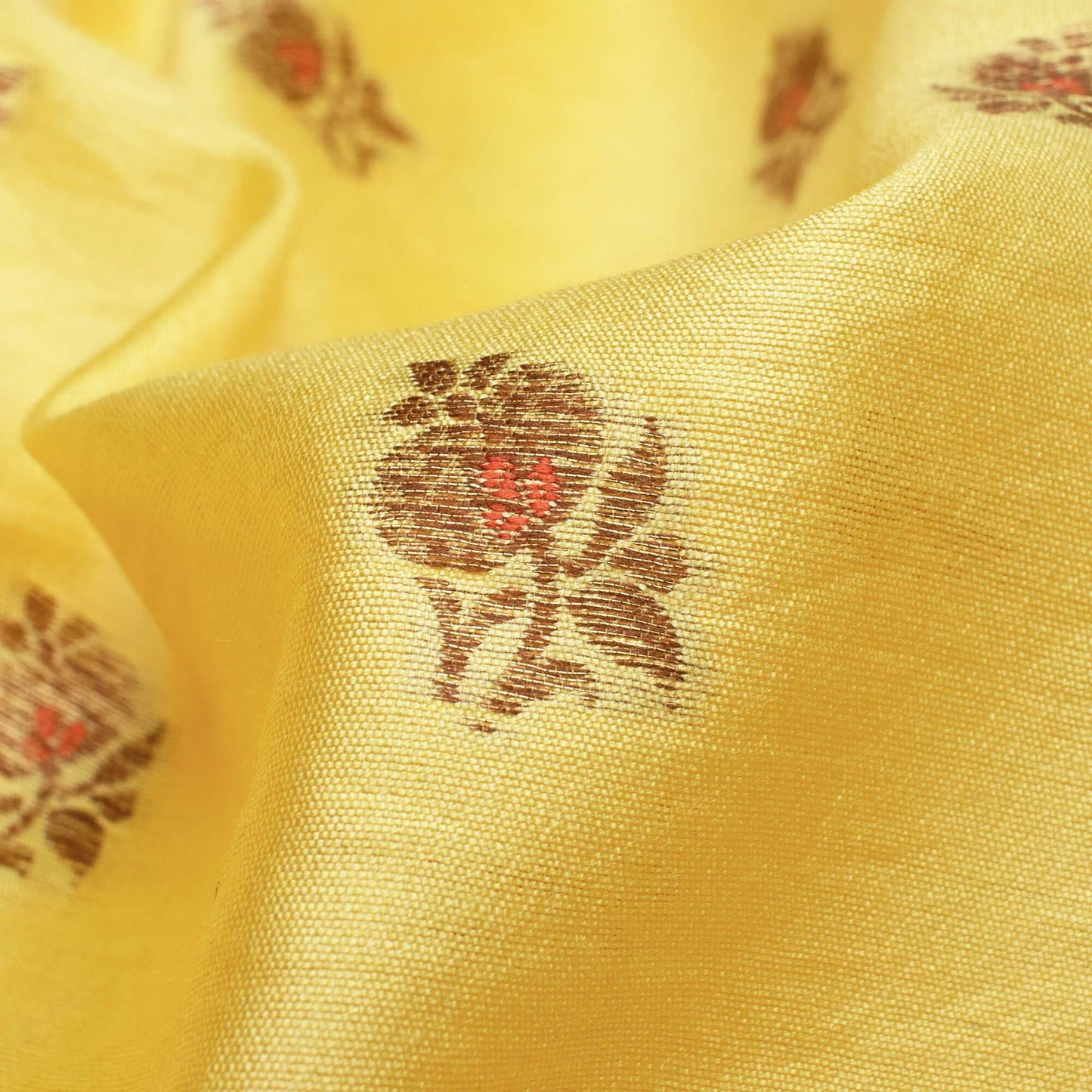 Yellow Booti Pattern Zari Jacquard Pure Banarasi Chanderi Fabric
