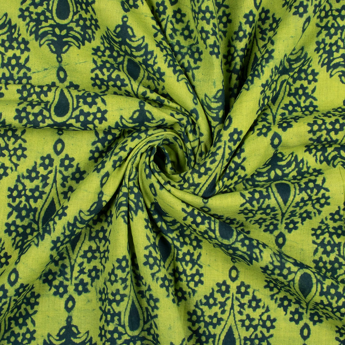 Lemon Green And Blue Ethnic Pattern Bagru Dabu Handblock Cotton Fabric