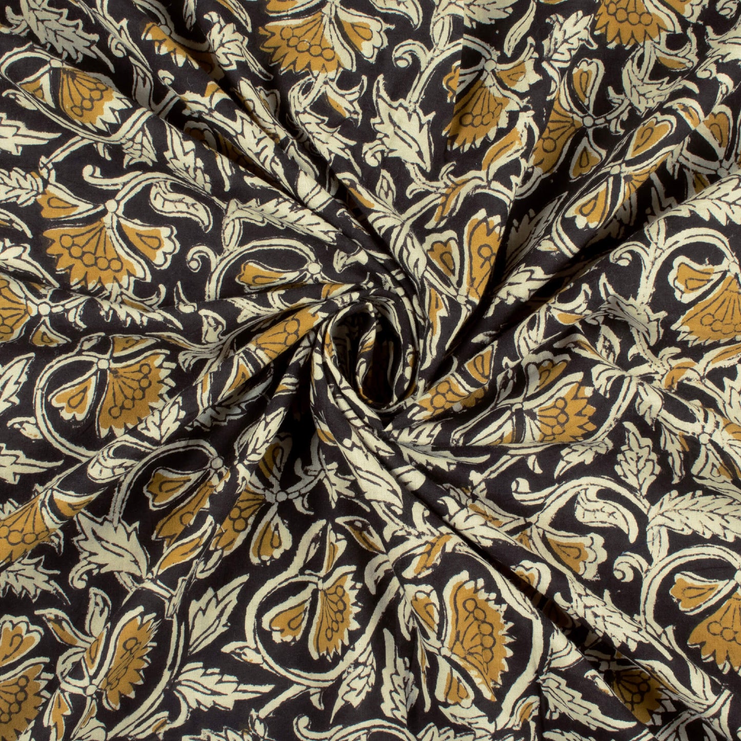 Black And Dijon Yellow Floral Pattern Bagru Dabu Handblock Cotton Fabric