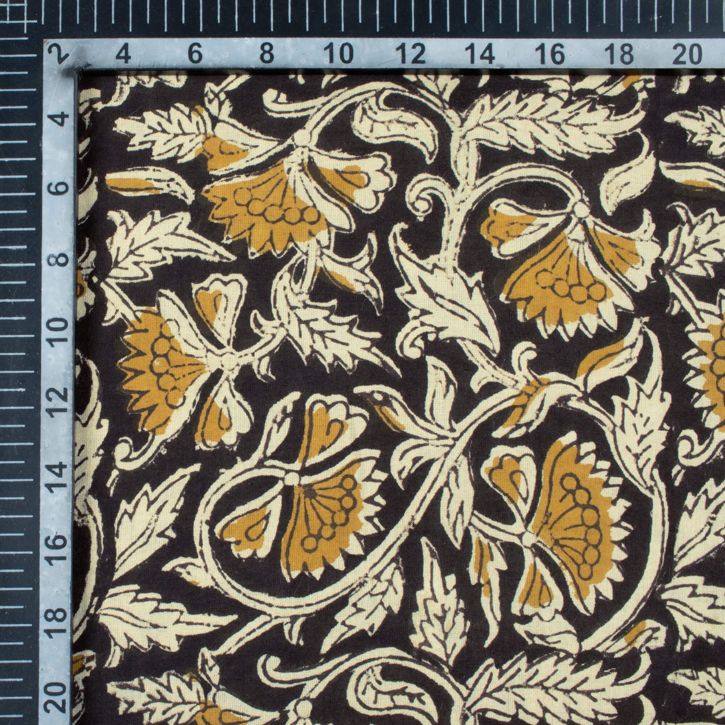 Black And Dijon Yellow Floral Pattern Bagru Dabu Handblock Cotton Fabric