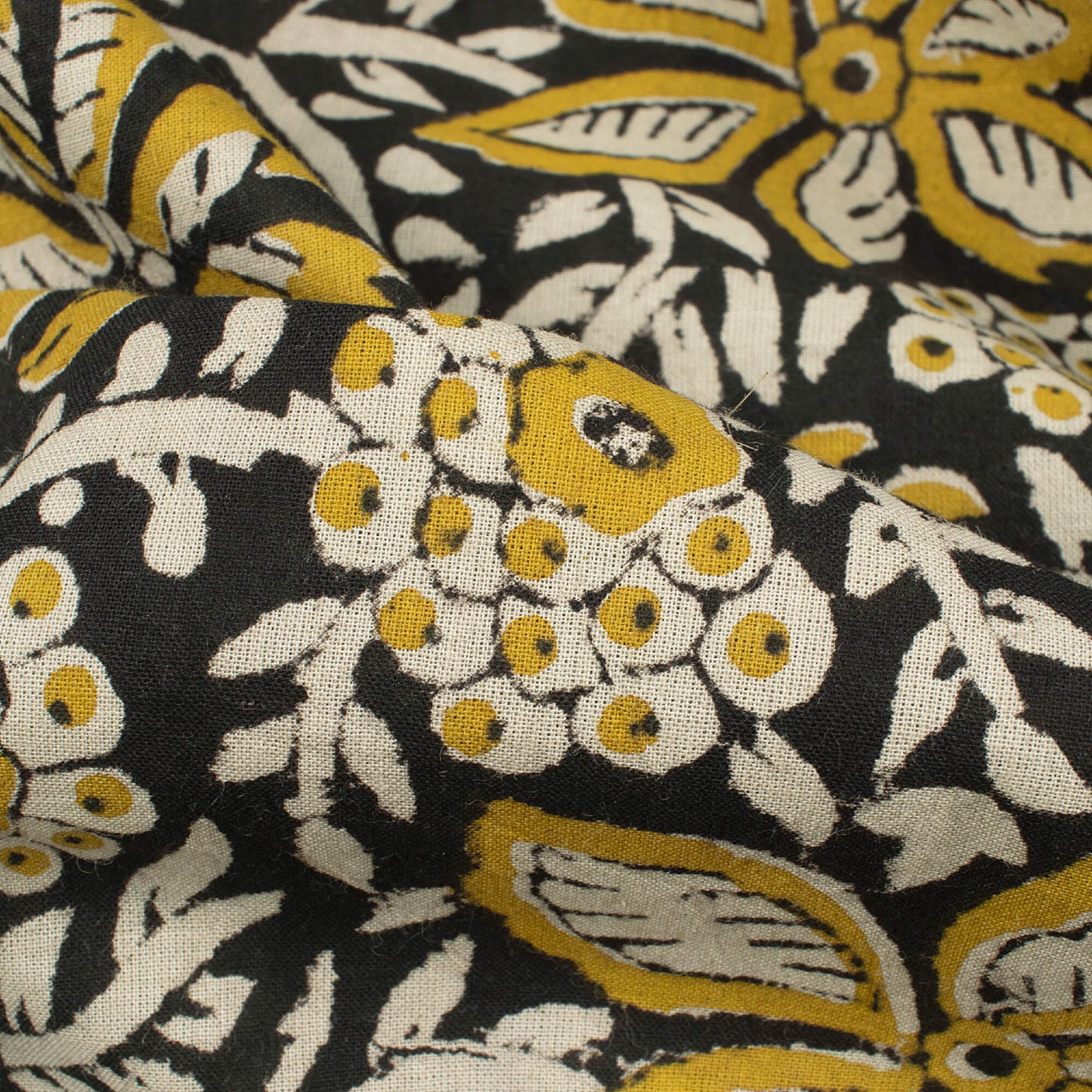 Black And Yellow Floral Pattern Bagru Dabu Handblock Cotton Fabric