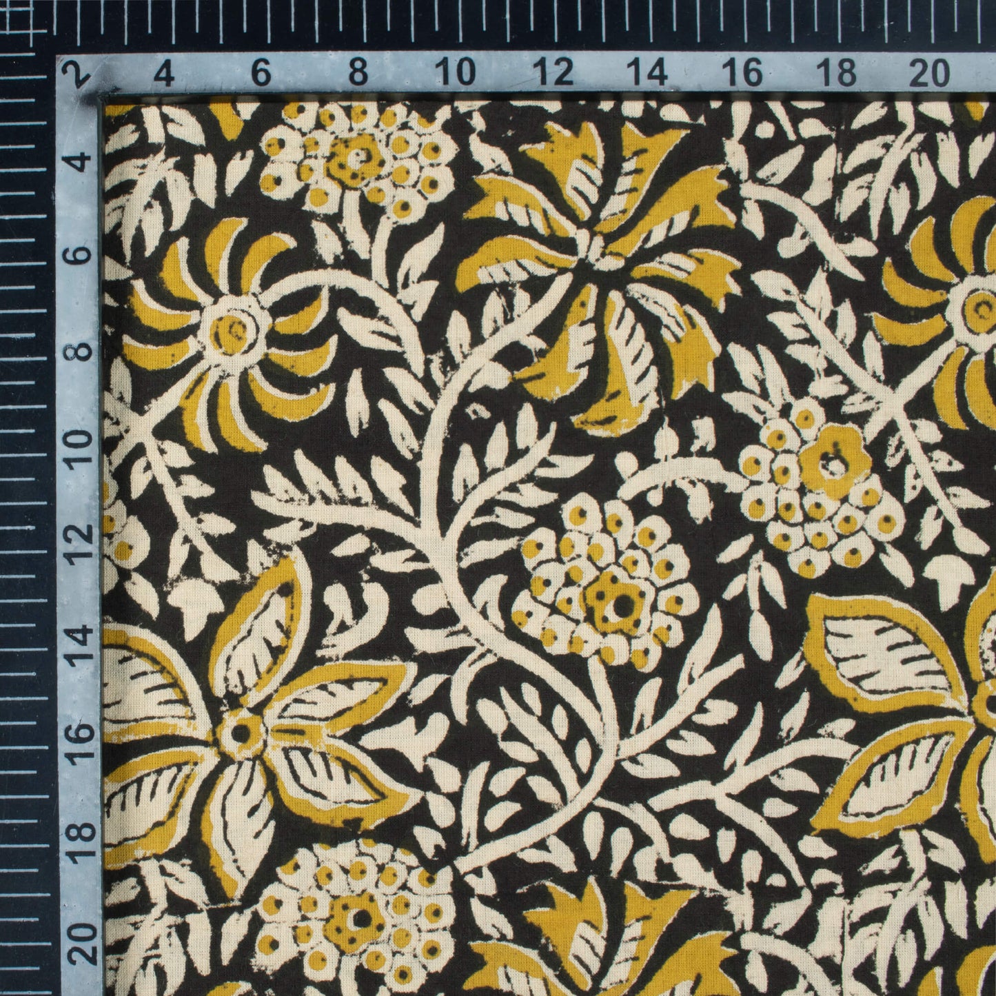 Black And Yellow Floral Pattern Bagru Dabu Handblock Cotton Fabric
