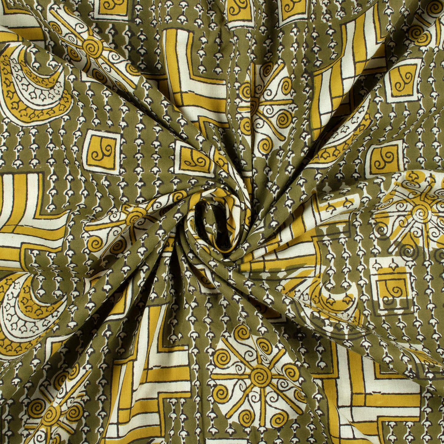 Moss Green And Dijon Yellow Traditional Pattern Bagru Dabu Handblock Cotton Fabric