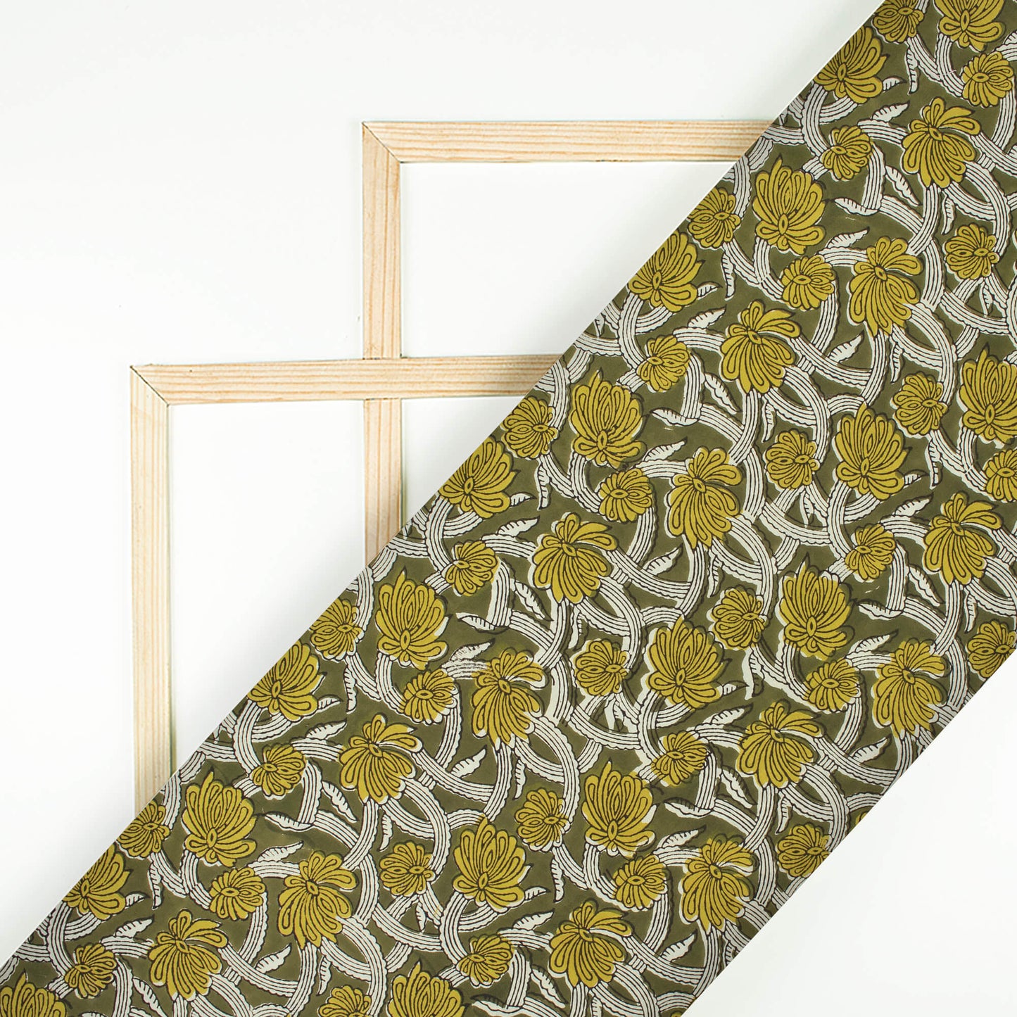 Moss Green And Dijon Yellow Floral Pattern Bagru Dabu Handblock Cotton Fabric