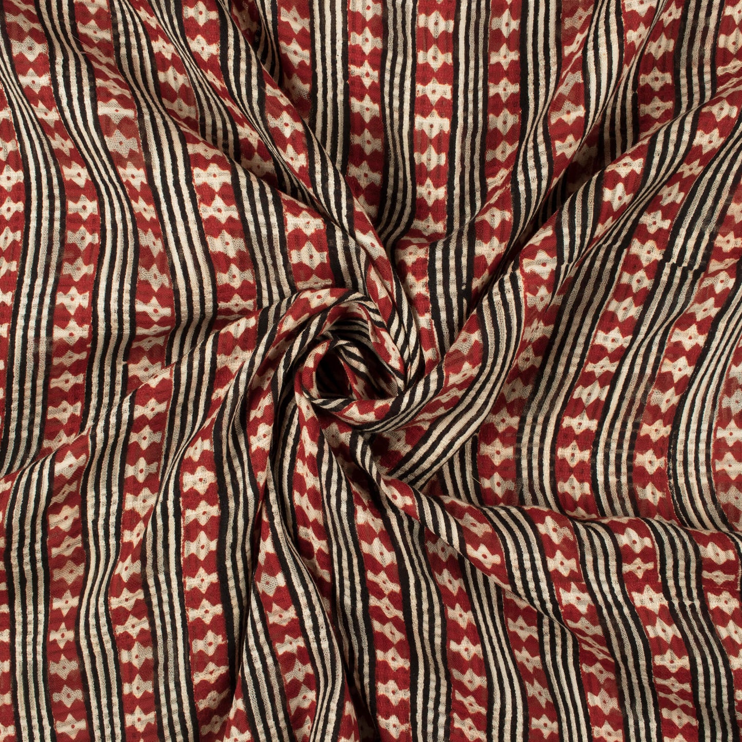 Brick Red And Black Stripes Pattern Bagru Dabu Handblock Jacquard Cotton Mulmul Fabric