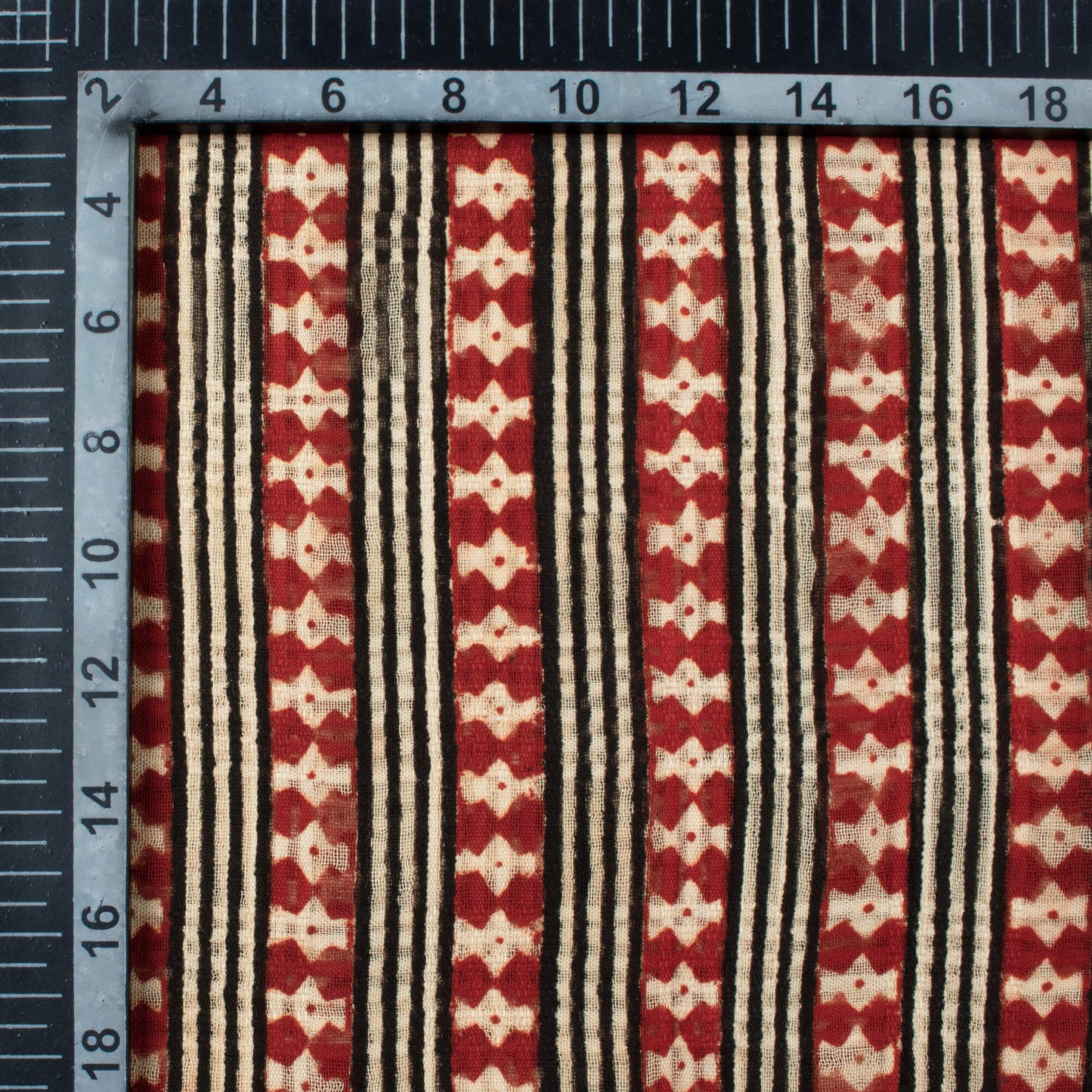 Brick Red And Black Stripes Pattern Bagru Dabu Handblock Jacquard Cotton Mulmul Fabric
