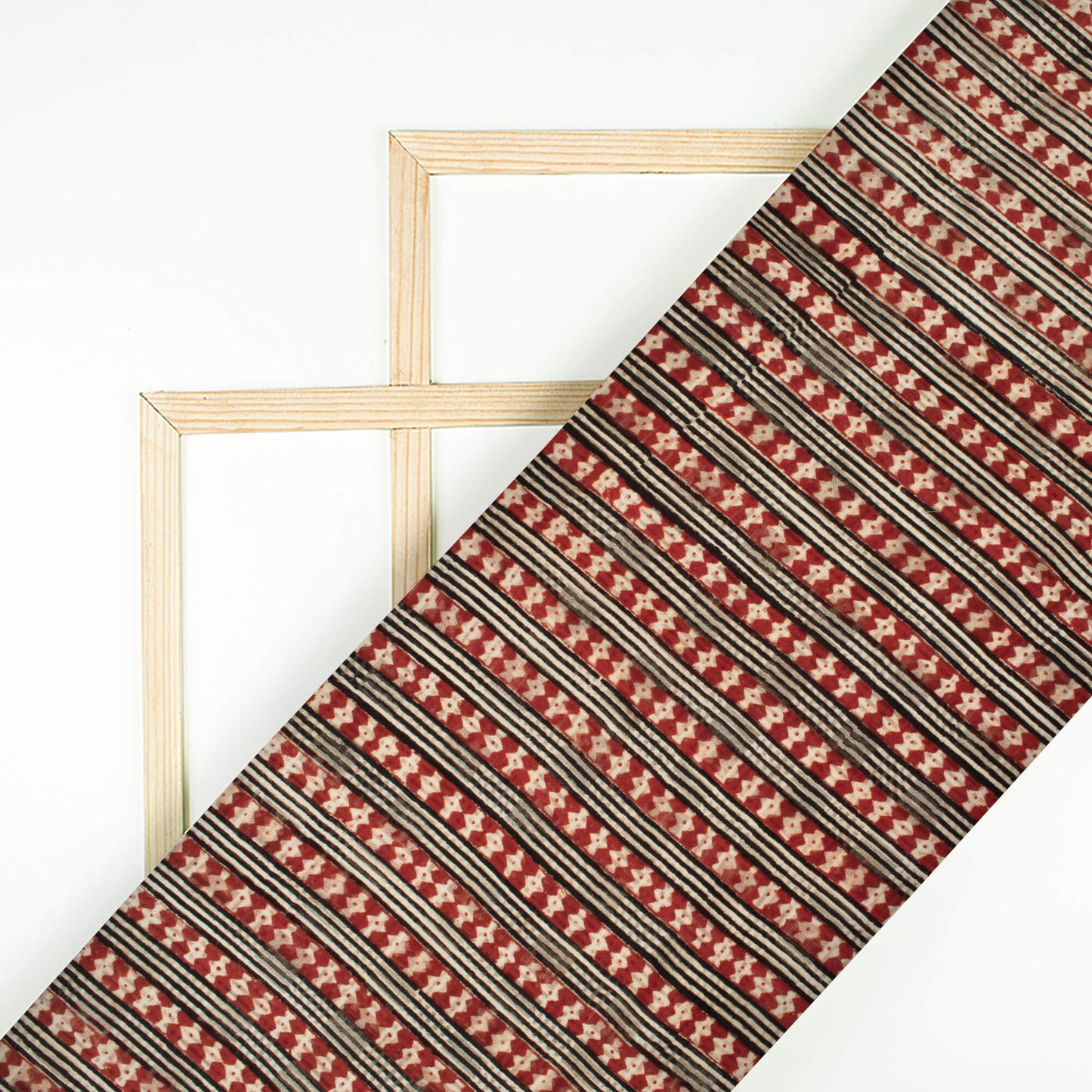 Brick Red And Black Stripes Pattern Bagru Dabu Handblock Jacquard Cotton Mulmul Fabric