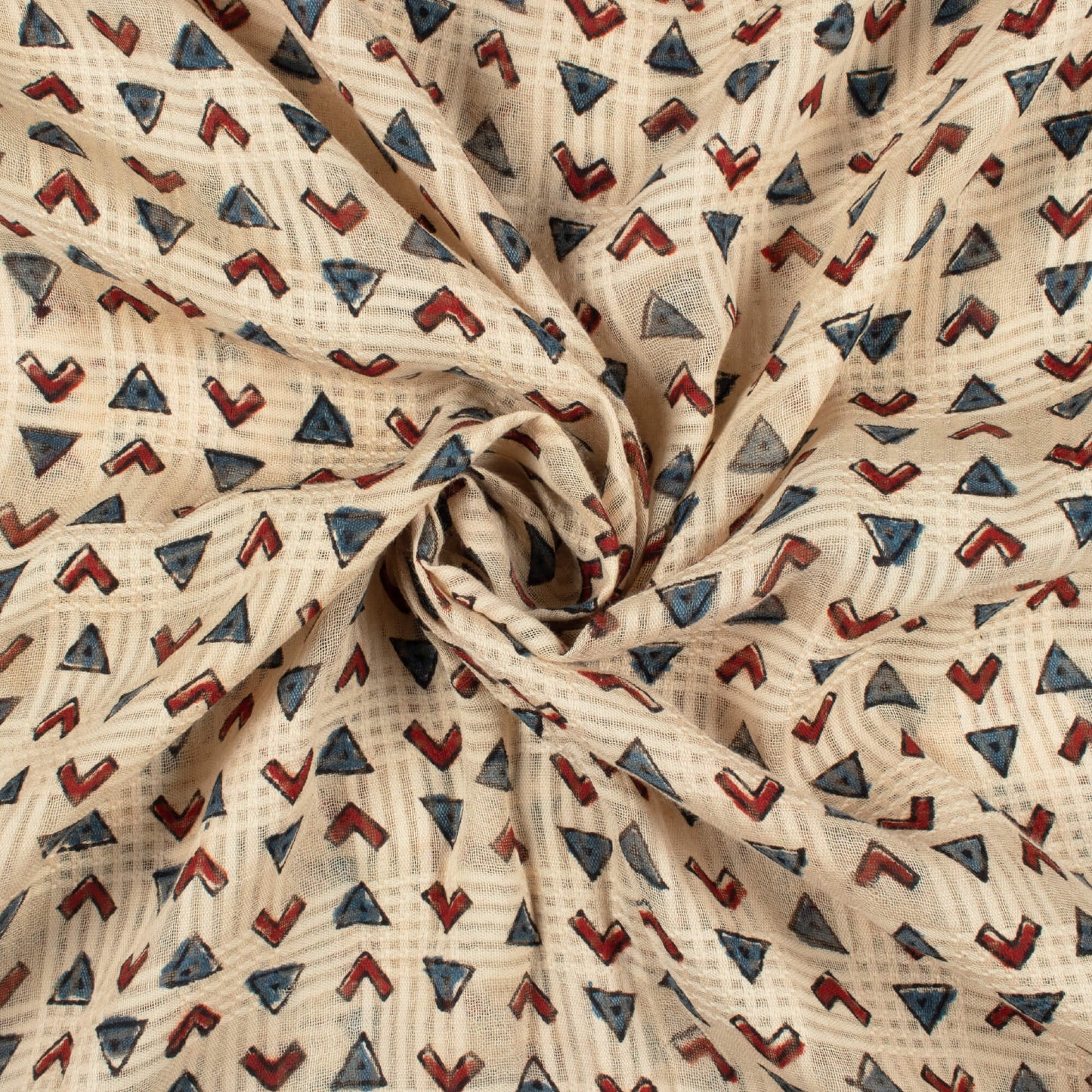 Oat Beige And Brick Red Geometric Pattern Bagru Dabu Handblock Jacquard Cotton Mulmul Fabric