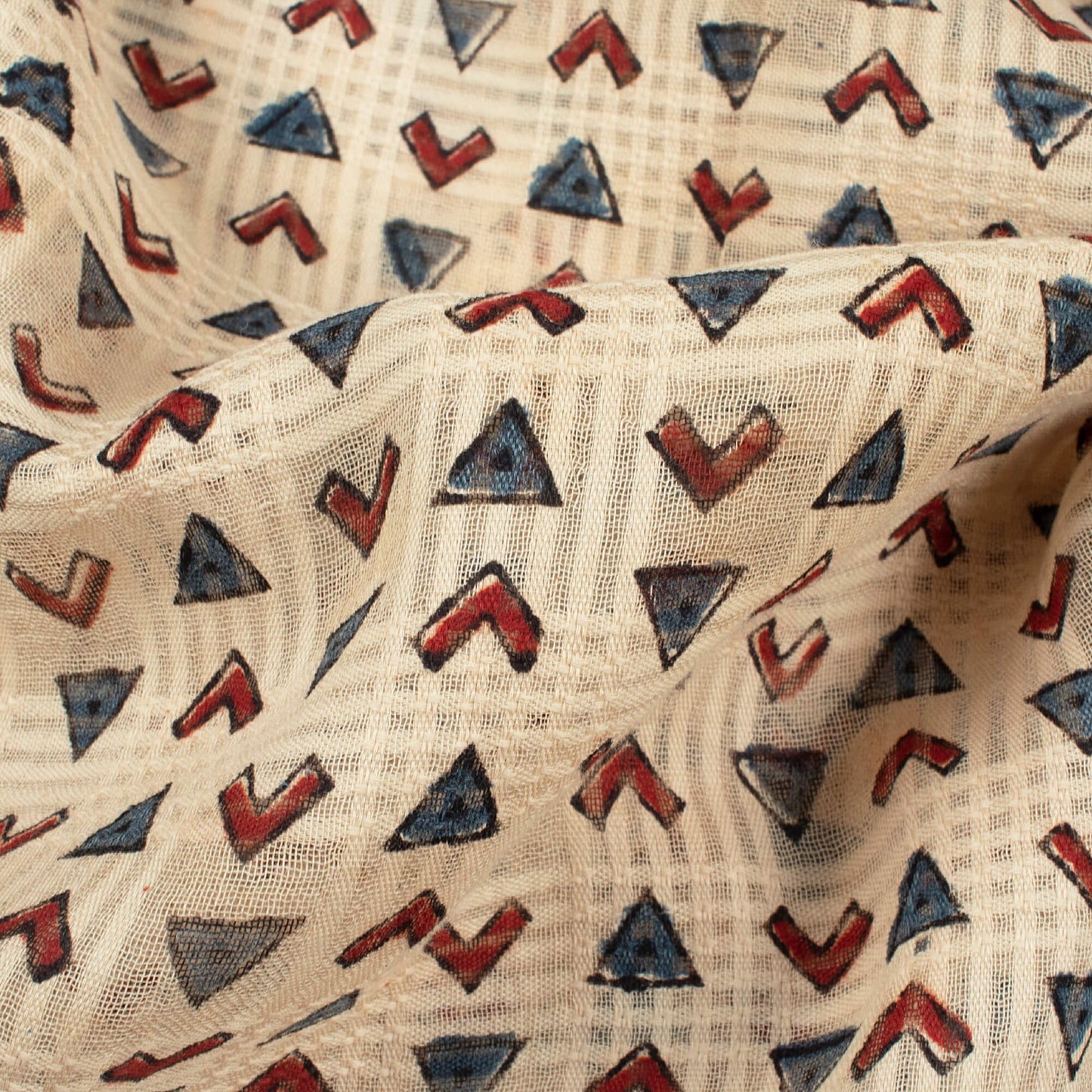 Oat Beige And Brick Red Geometric Pattern Bagru Dabu Handblock Jacquard Cotton Mulmul Fabric