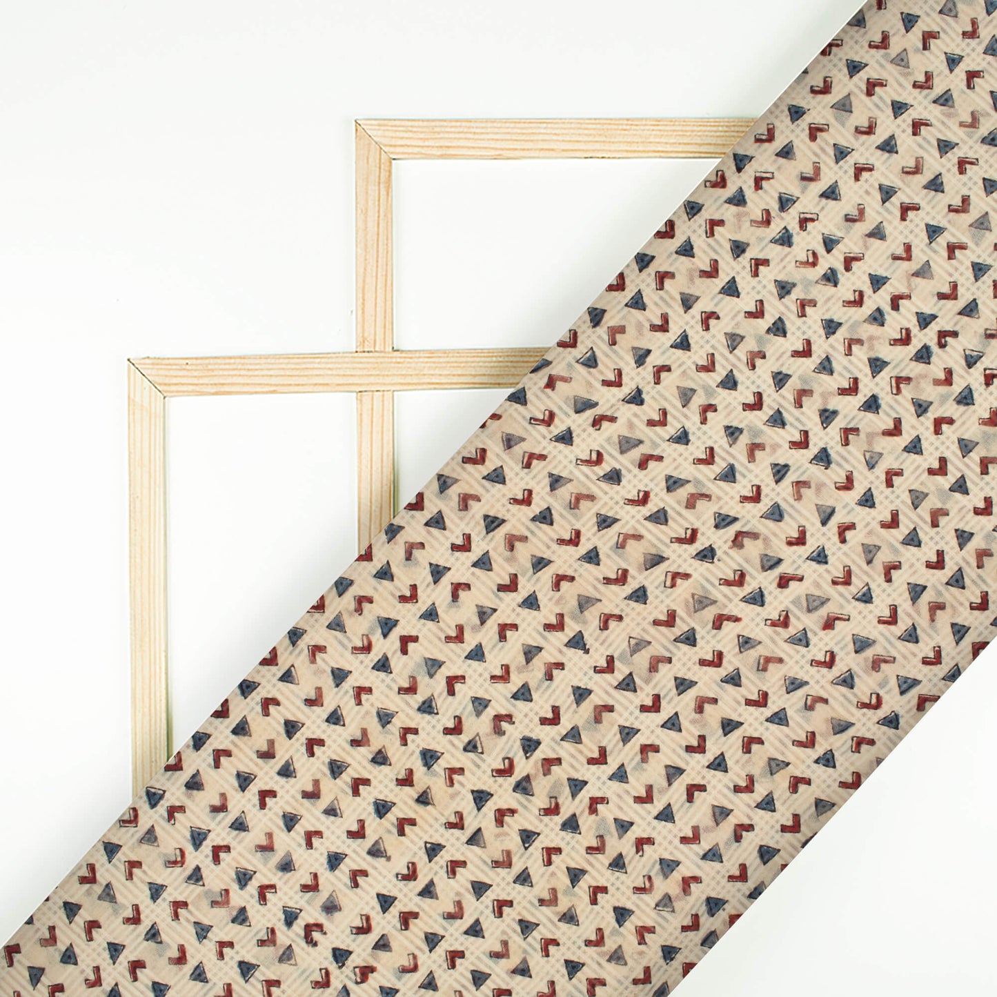 Oat Beige And Brick Red Geometric Pattern Bagru Dabu Handblock Jacquard Cotton Mulmul Fabric