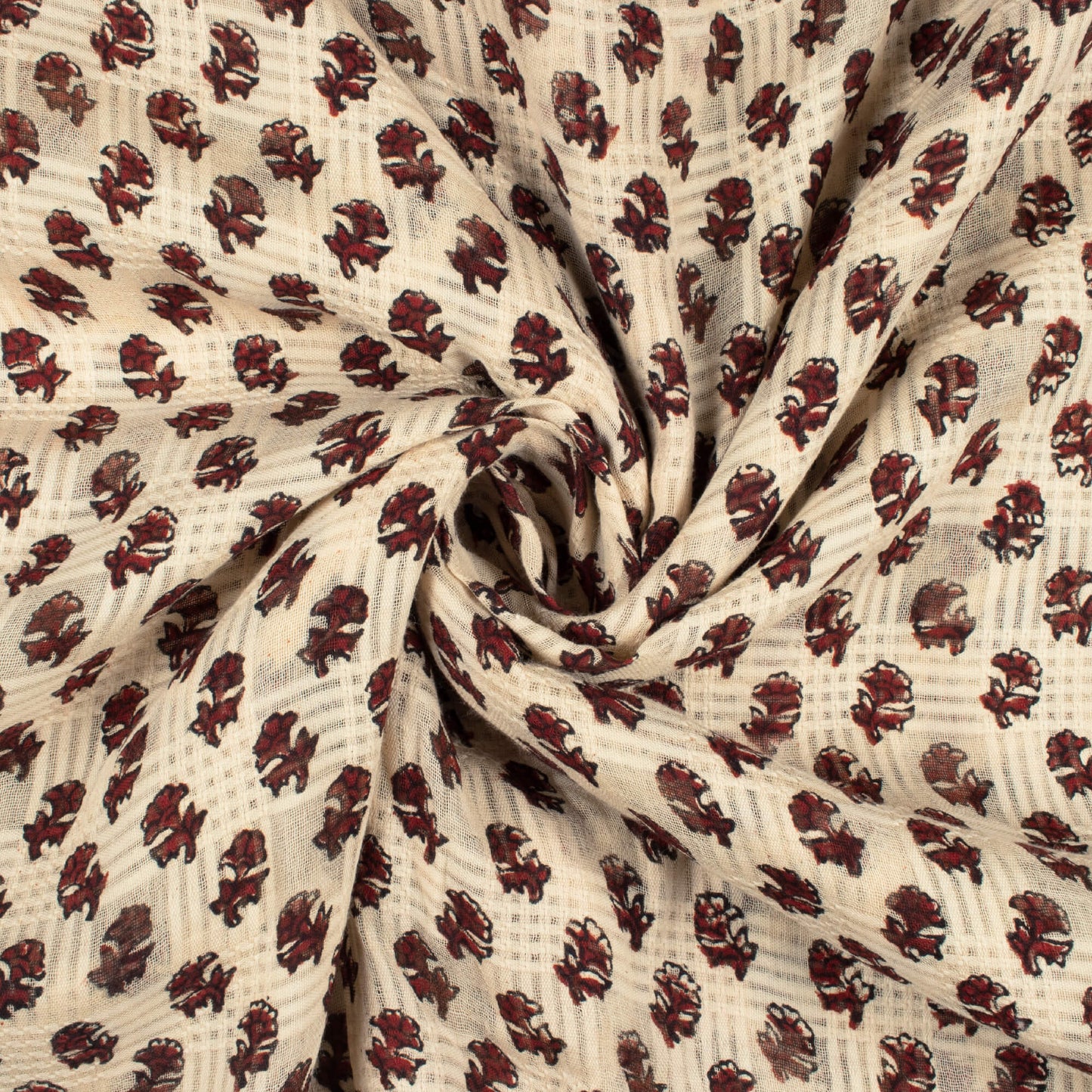 Oat Beige And Brick Red Booti Pattern Bagru Dabu Handblock Jacquard Cotton Mulmul Fabric