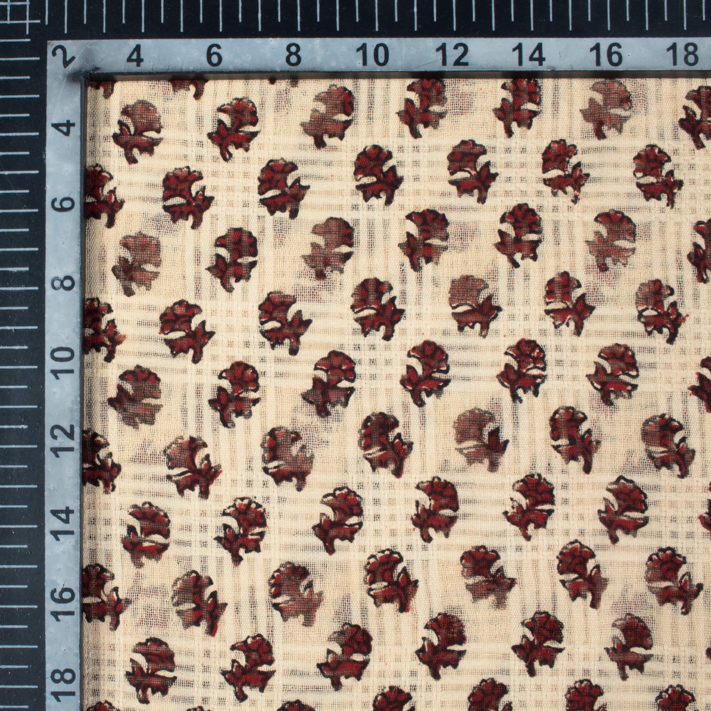 Oat Beige And Brick Red Booti Pattern Bagru Dabu Handblock Jacquard Cotton Mulmul Fabric