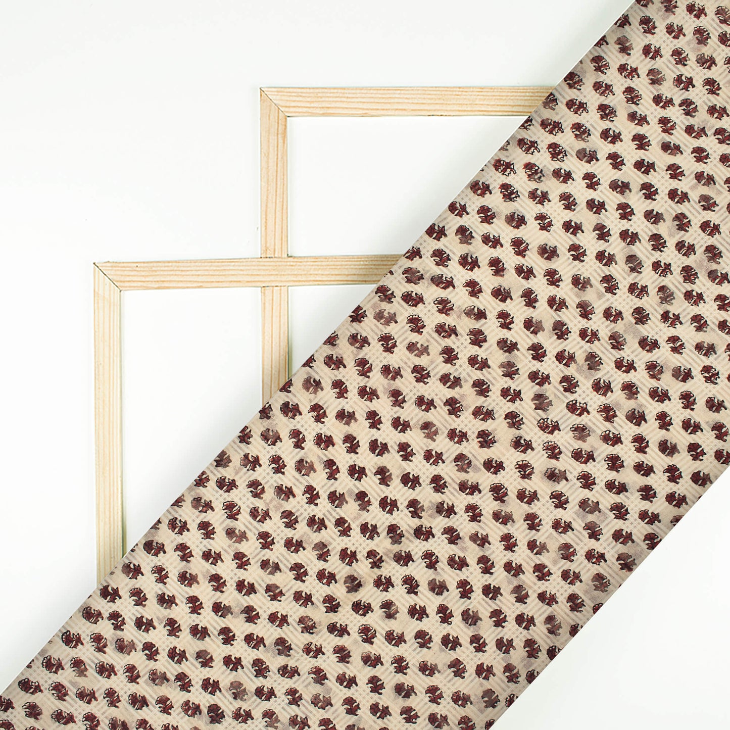 Oat Beige And Brick Red Booti Pattern Bagru Dabu Handblock Jacquard Cotton Mulmul Fabric