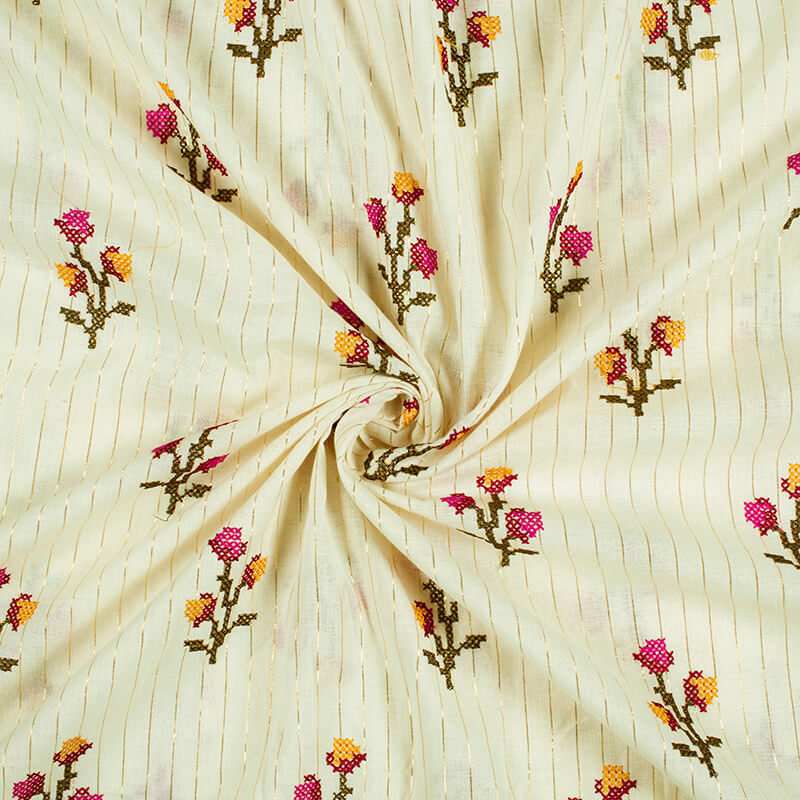 Off White And Fuchsia Floral Pattern Embroidery Cotton Lurex Fabric - Fabcurate