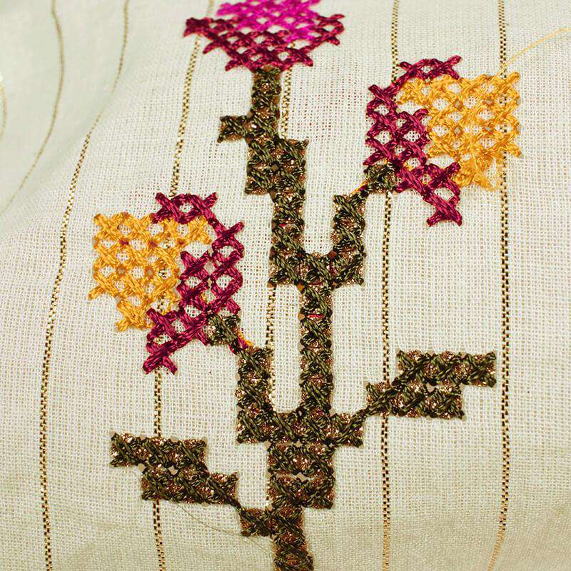 Off White And Fuchsia Floral Pattern Embroidery Cotton Lurex Fabric - Fabcurate